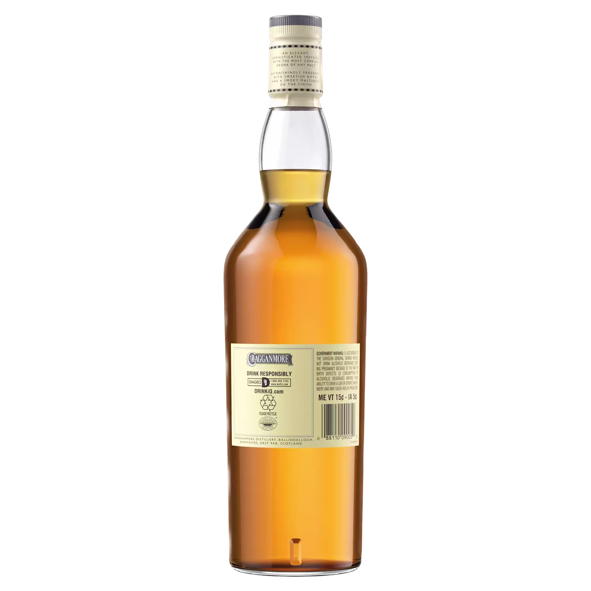 A bottle of whisky shown from the back, displaying its label with product information and a beige cap, set against a plain background.