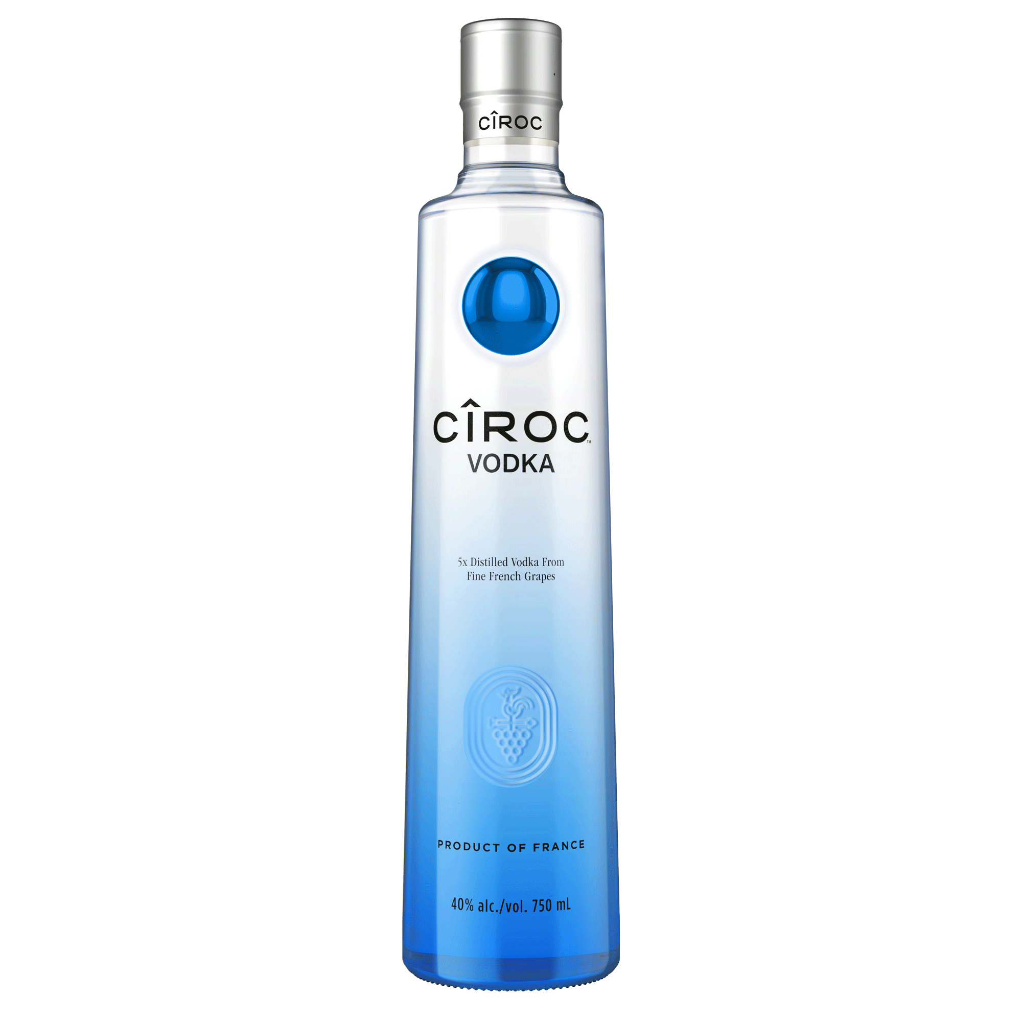 A clear blue bottle of Cîroc vodka with a silver cap and white label, showing 40% alcohol by volume and a 750 ml capacity.
