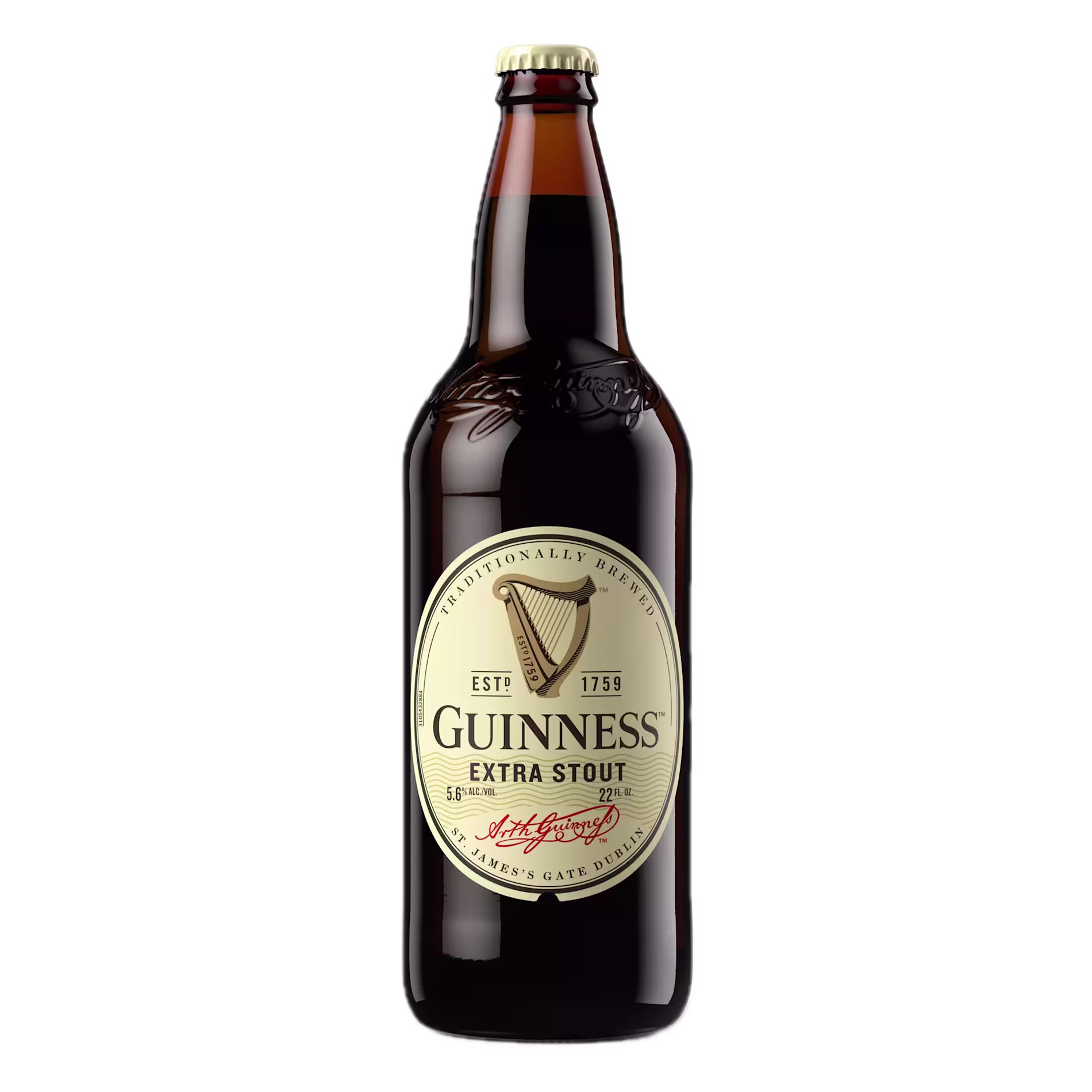 A bottle of Guinness Extra Stout beer with a cream label featuring the harp logo and established date, set against a plain background.