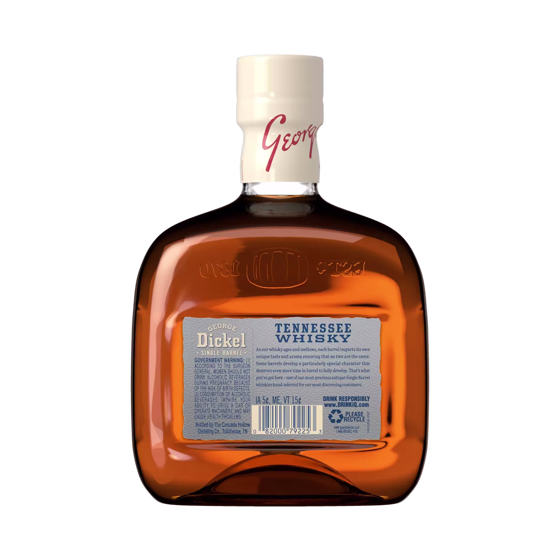 A bottle of George Dickel Tennessee Whisky shown from the back, displaying its blue label with product information and a white cap.
