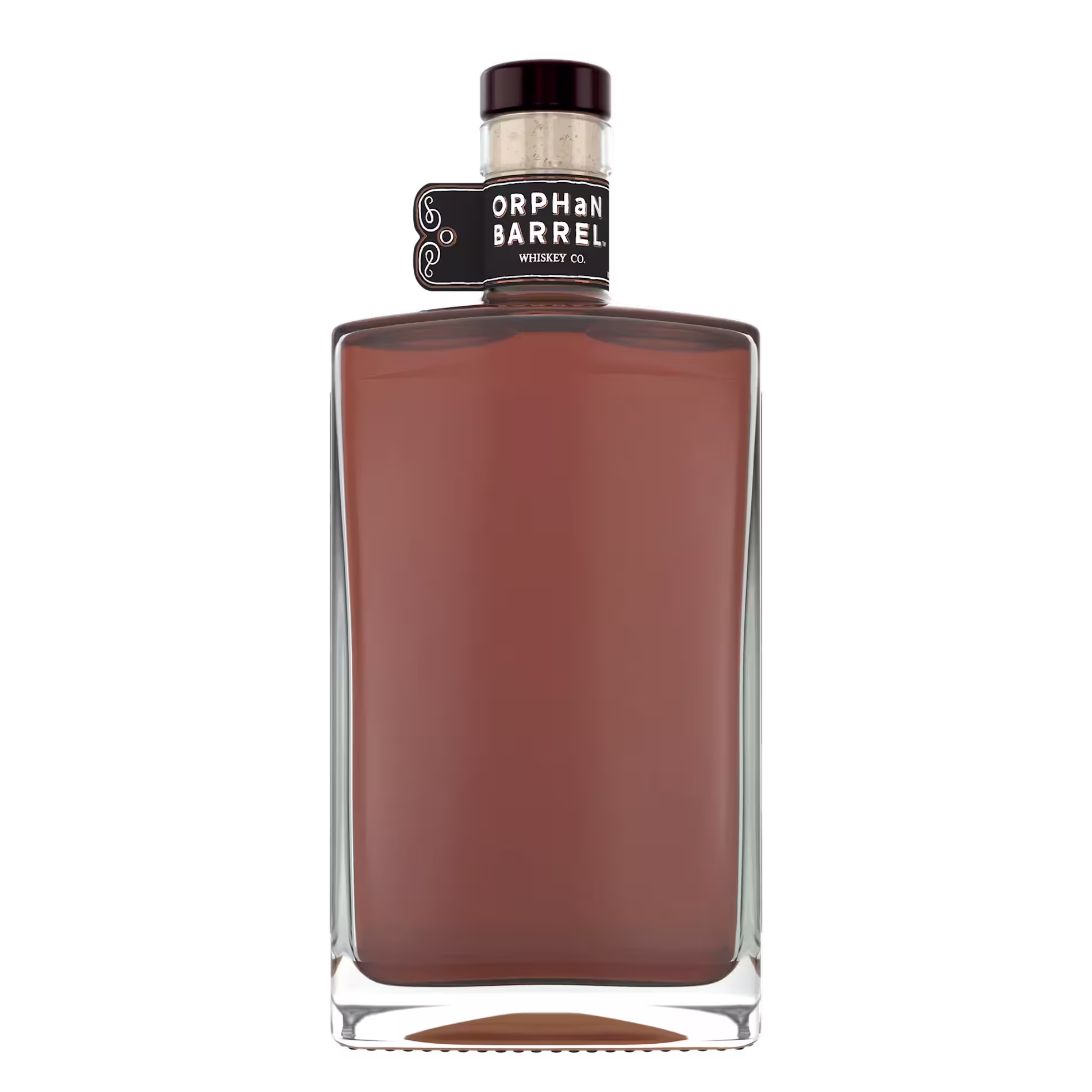 A rectangular glass bottle filled with amber liquid, labeled Orphan Barrel Whiskey Co. on the neck, shown against a black background.