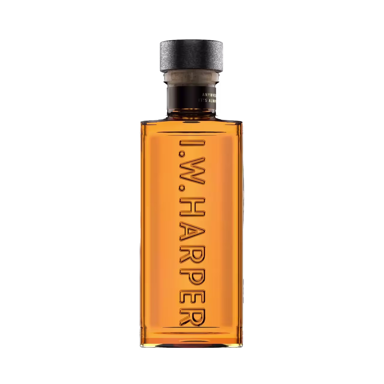 A rectangular glass bottle of I.W. Harper whiskey with amber liquid, black cap, and the brand name embossed vertically on the front.