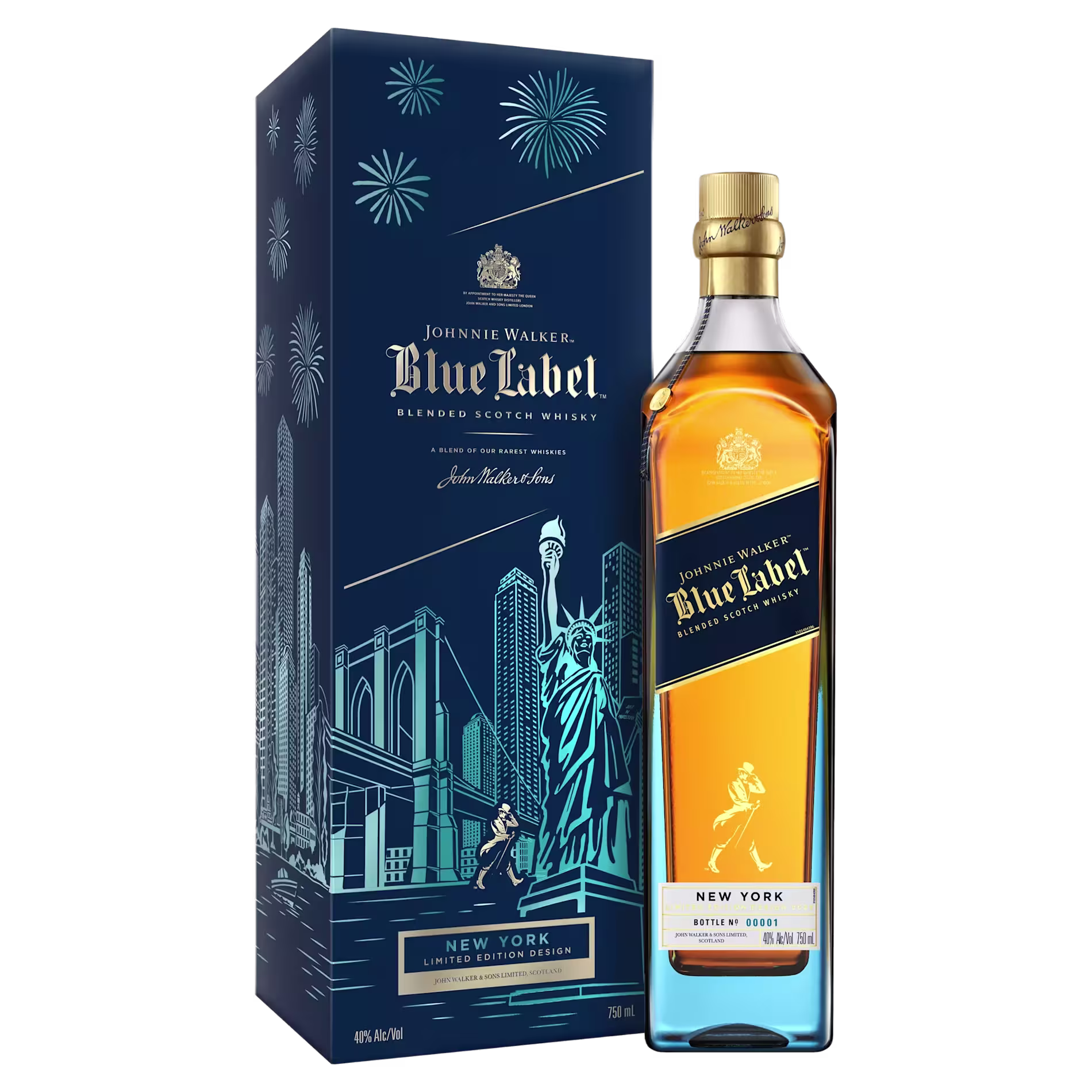 A bottle of Johnnie Walker Blue Label New York Limited Edition Scotch Whisky stands next to its matching box, featuring New York City landmarks and fireworks.