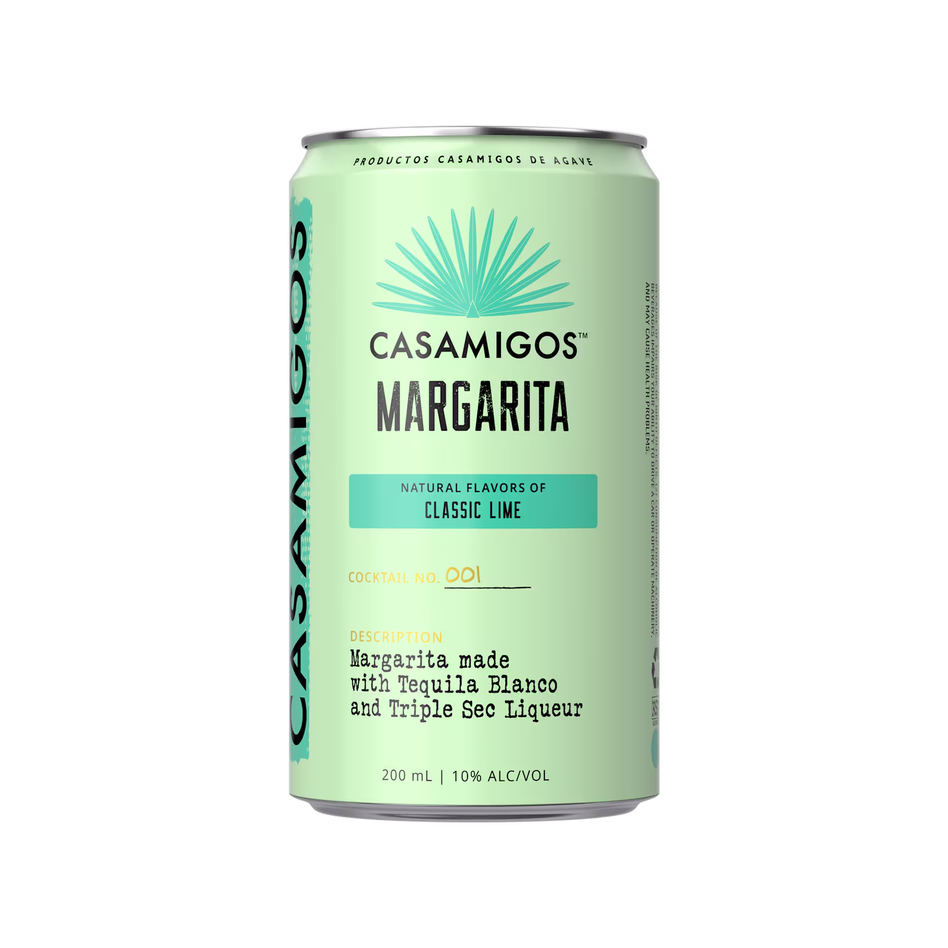 A 200ml can of Casamigos Margarita Classic Lime, featuring details about natural flavors, 10% alcohol content, and ingredients including Tequila Blanco and Triple Sec Liqueur.