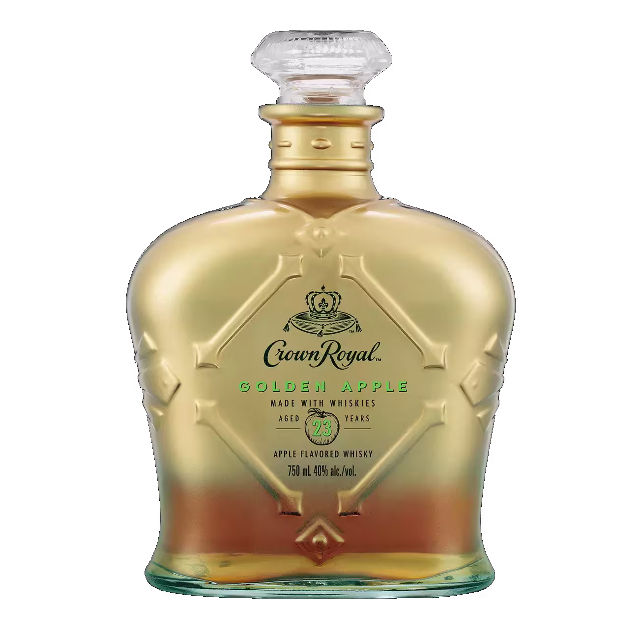 A gold bottle of Crown Royal Golden Apple whisky, featuring green and gold labeling and a clear glass cap.