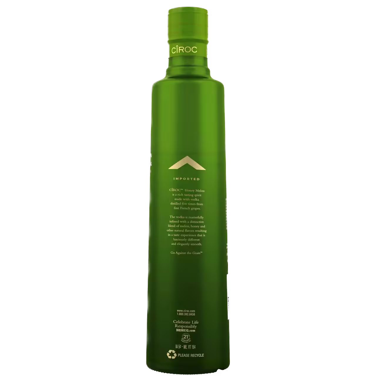 A green bottle of Ciroc vodka with gold text and branding, photographed against a black background.