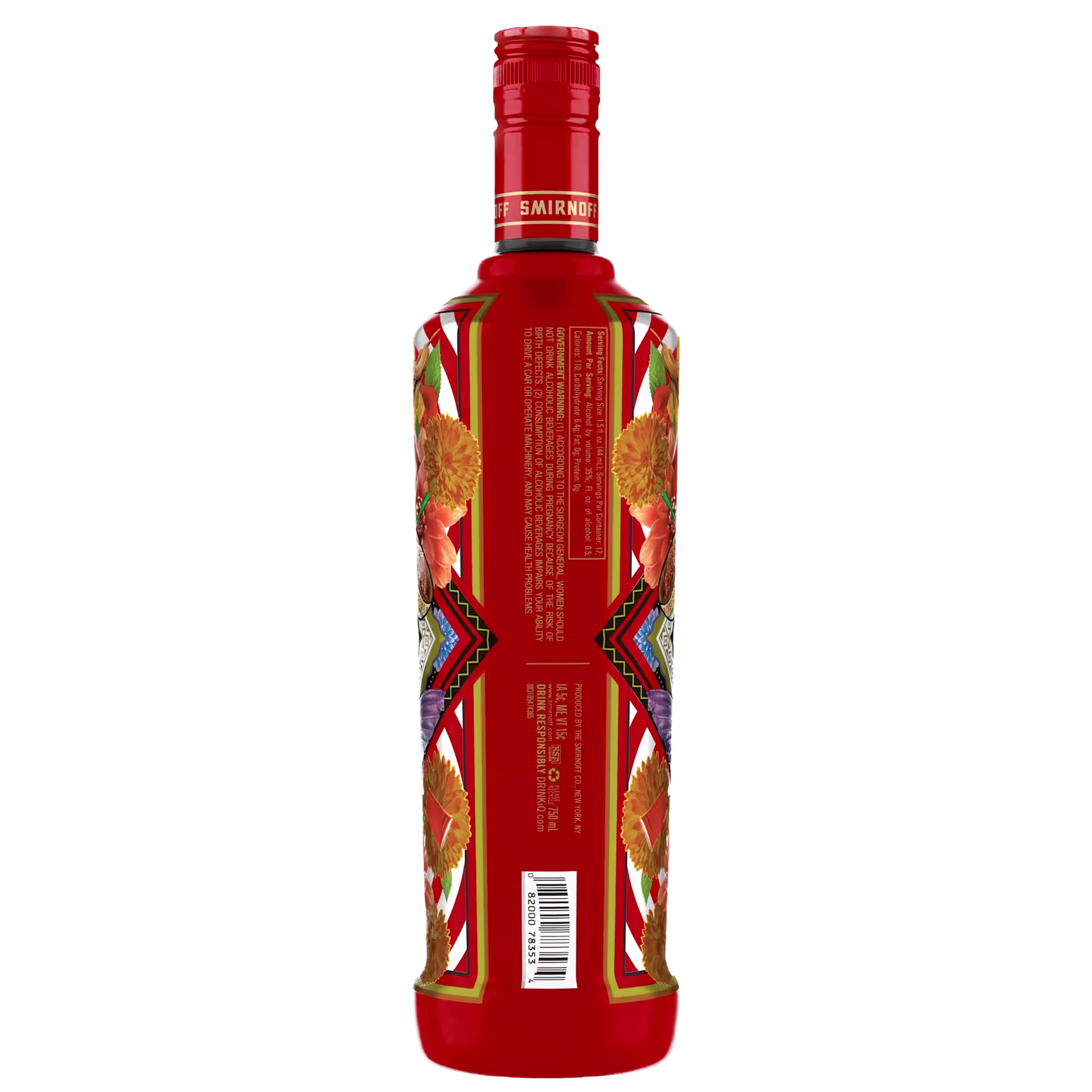 A red Smirnoff vodka bottle with a colorful, geometric, and floral design label, shown from the back, displaying the barcode and product information.