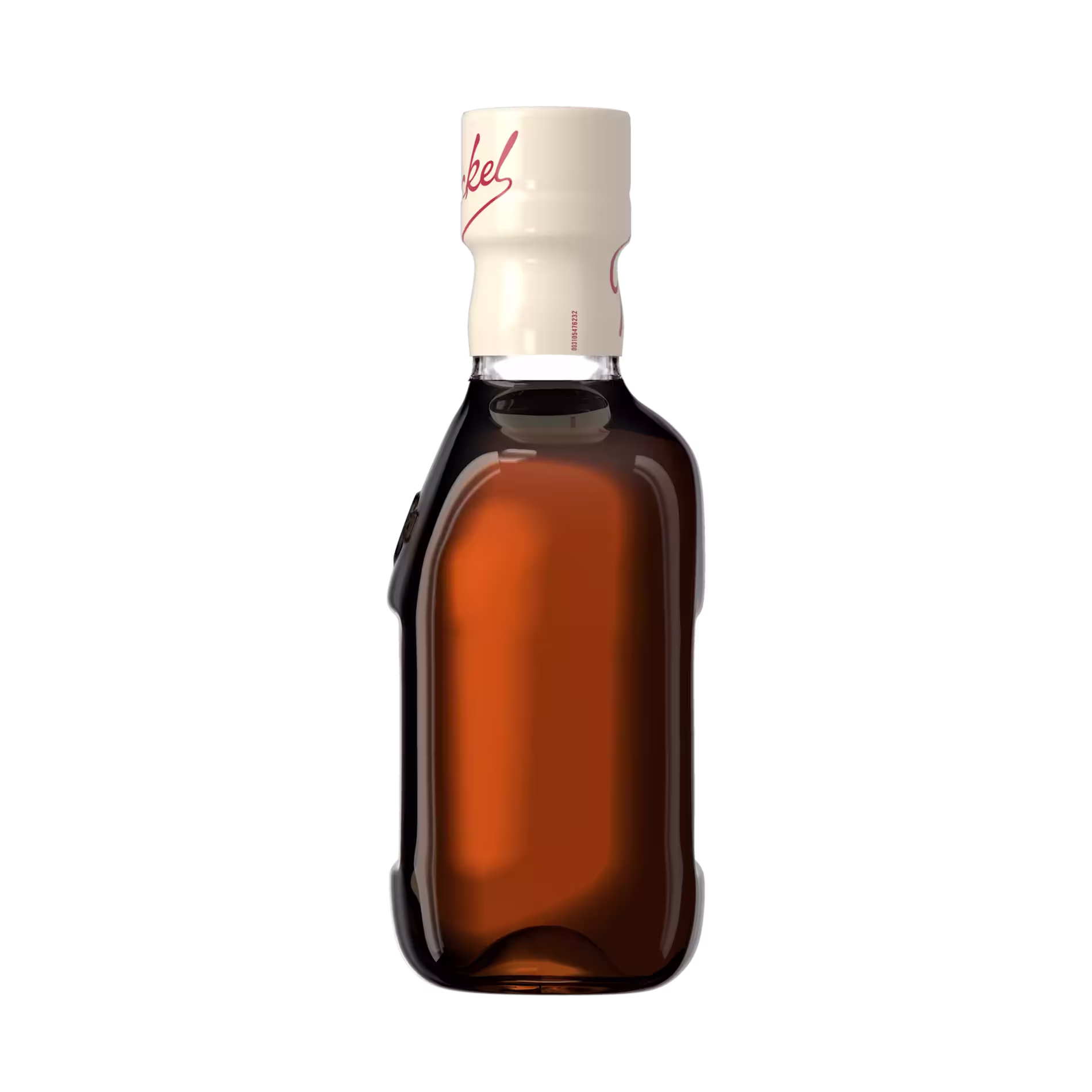 A clear glass bottle filled with a dark amber liquid, sealed with a cream-colored cap, set against a black background.