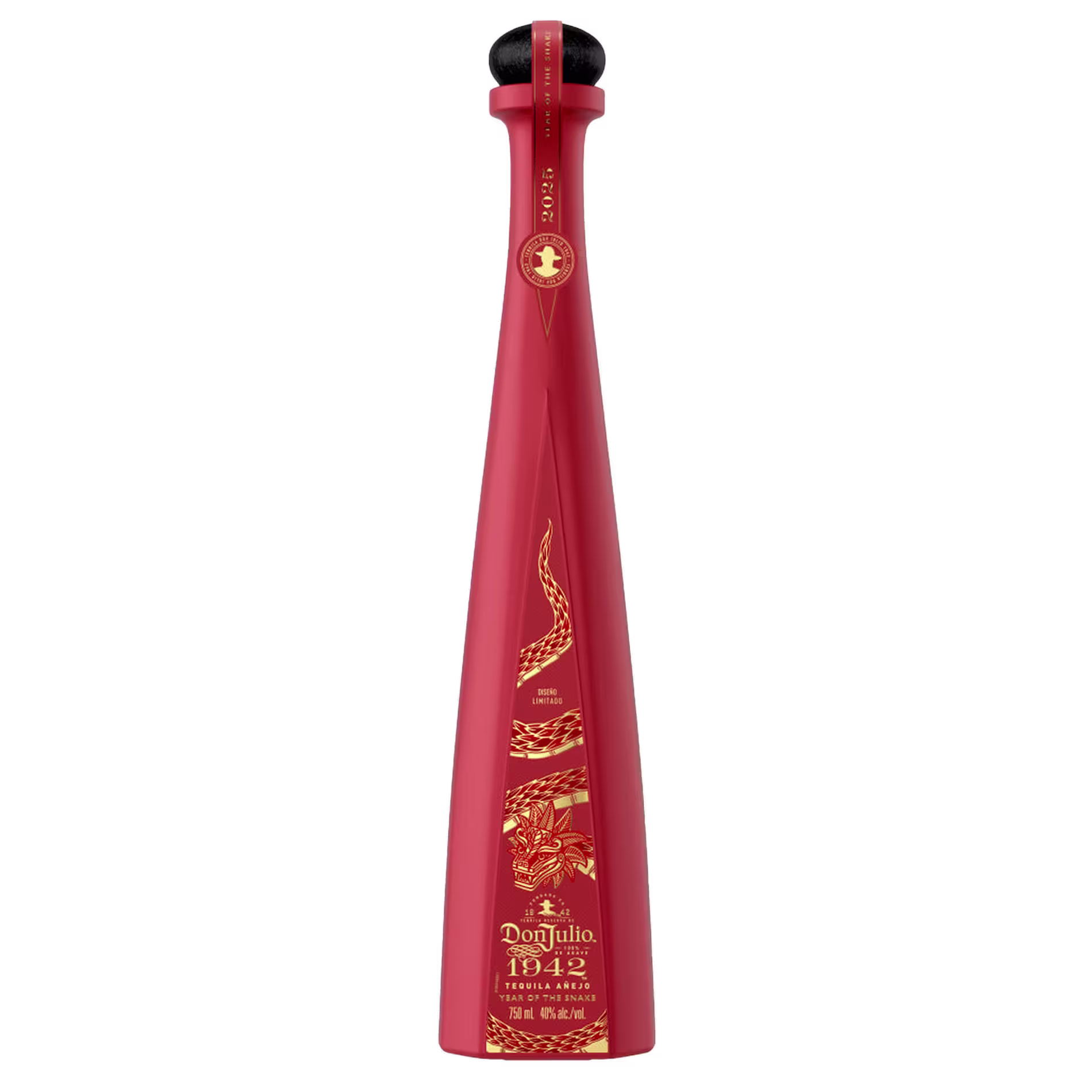 A tall, red bottle of Don Julio 1942 Tequila featuring gold dragon artwork and text detailing the brand and product information.