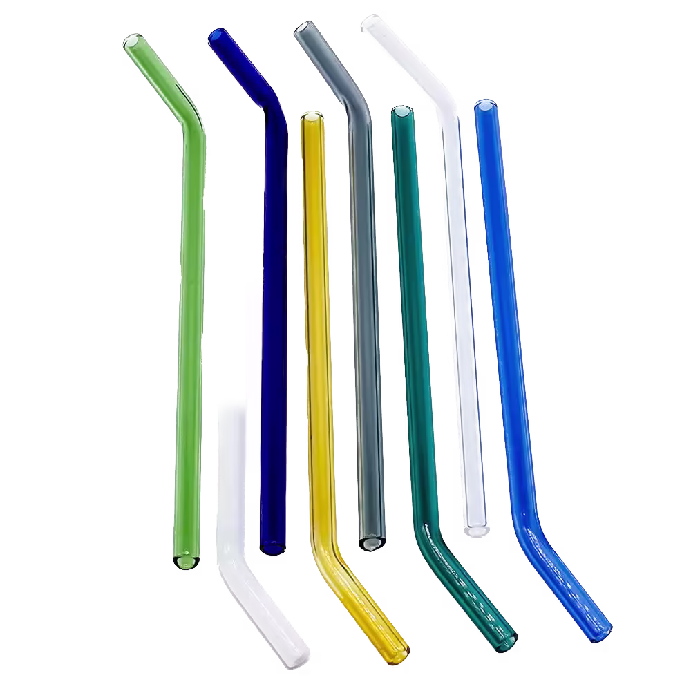 A row of eight reusable straws in different colors, including green, blue, yellow, gray, teal, and white, all with a bent design near the top.