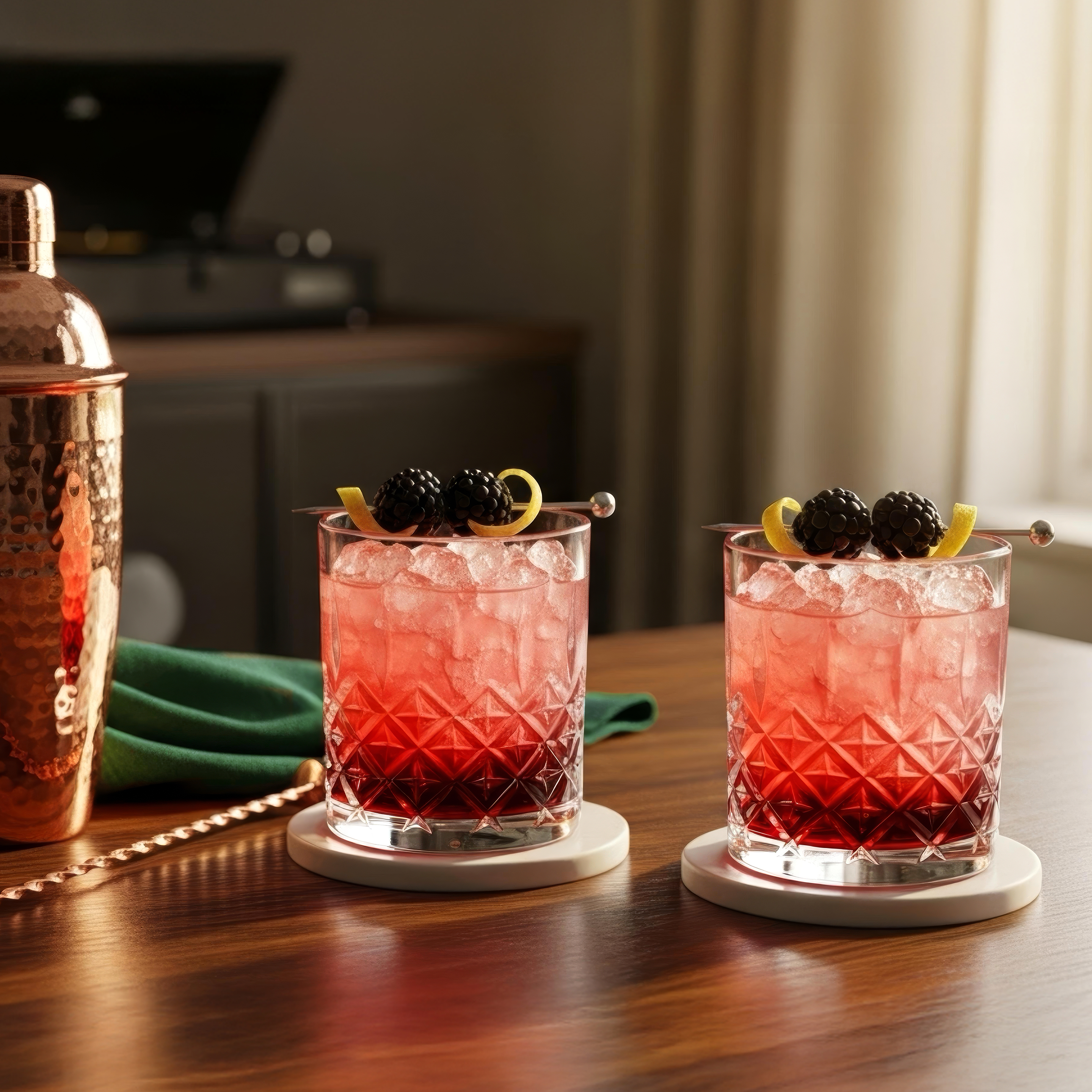 Two Bramble cocktails on a shiny wooden table next to a copper cocktail shaker.