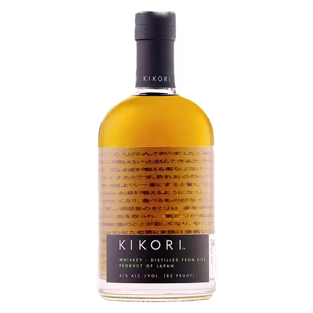 A bottle of Kikori whiskey with a clear glass body, black cap, and black label displaying product details and gold liquid inside.
