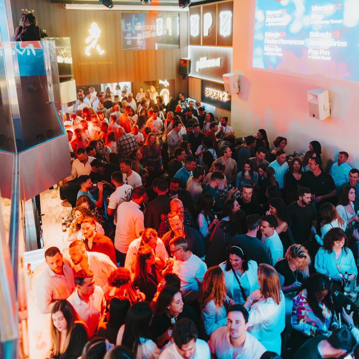 La imagen muestra una sala repleta de gente disfrutando de una noche animada. Con luces en tonos cálidos y neones de marcas como Johnnie Walker y Brugal, el ambiente es vibrante y lleno de energía, ideal para socializar.