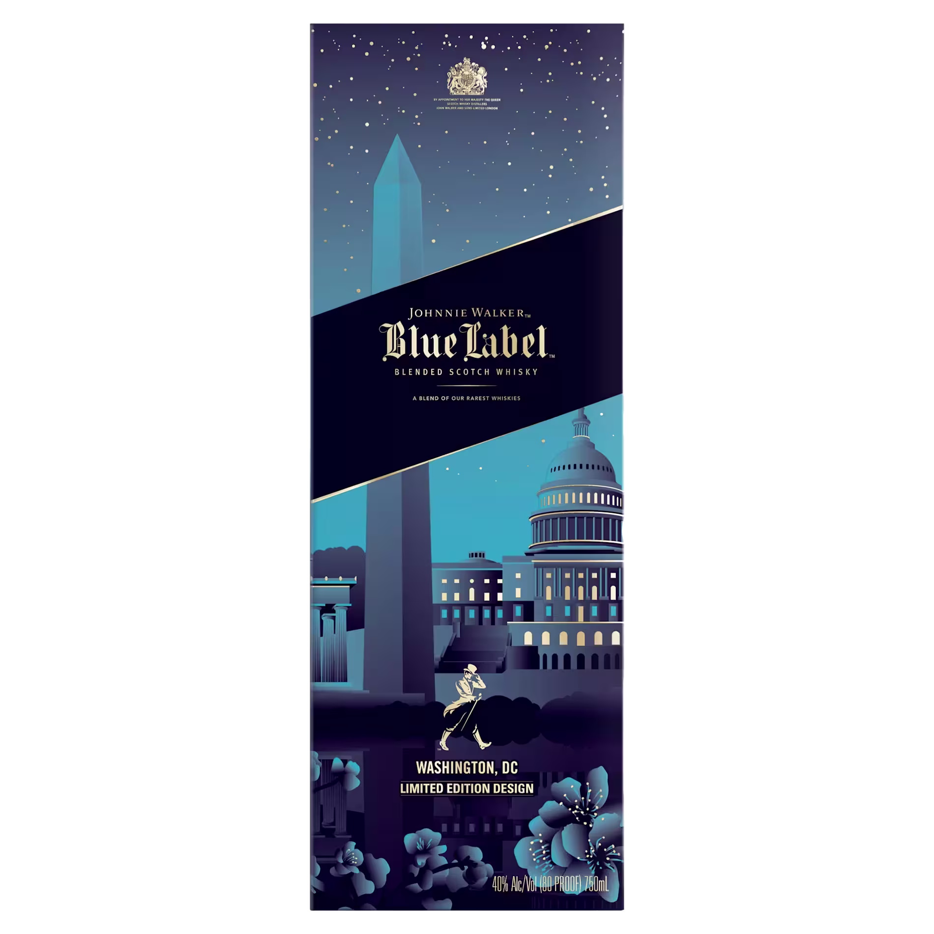Johnnie Walker Blue Label box featuring the Washington Monument and U.S. Capitol, labeled Washington, D.C. Limited Edition Design against a night sky background.