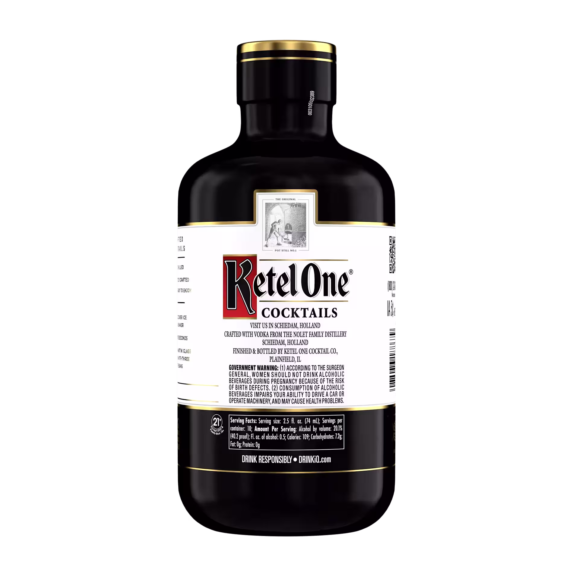 A black bottle of Ketel One Cocktails with a white label displaying the brand name and product information in black and gold text.
