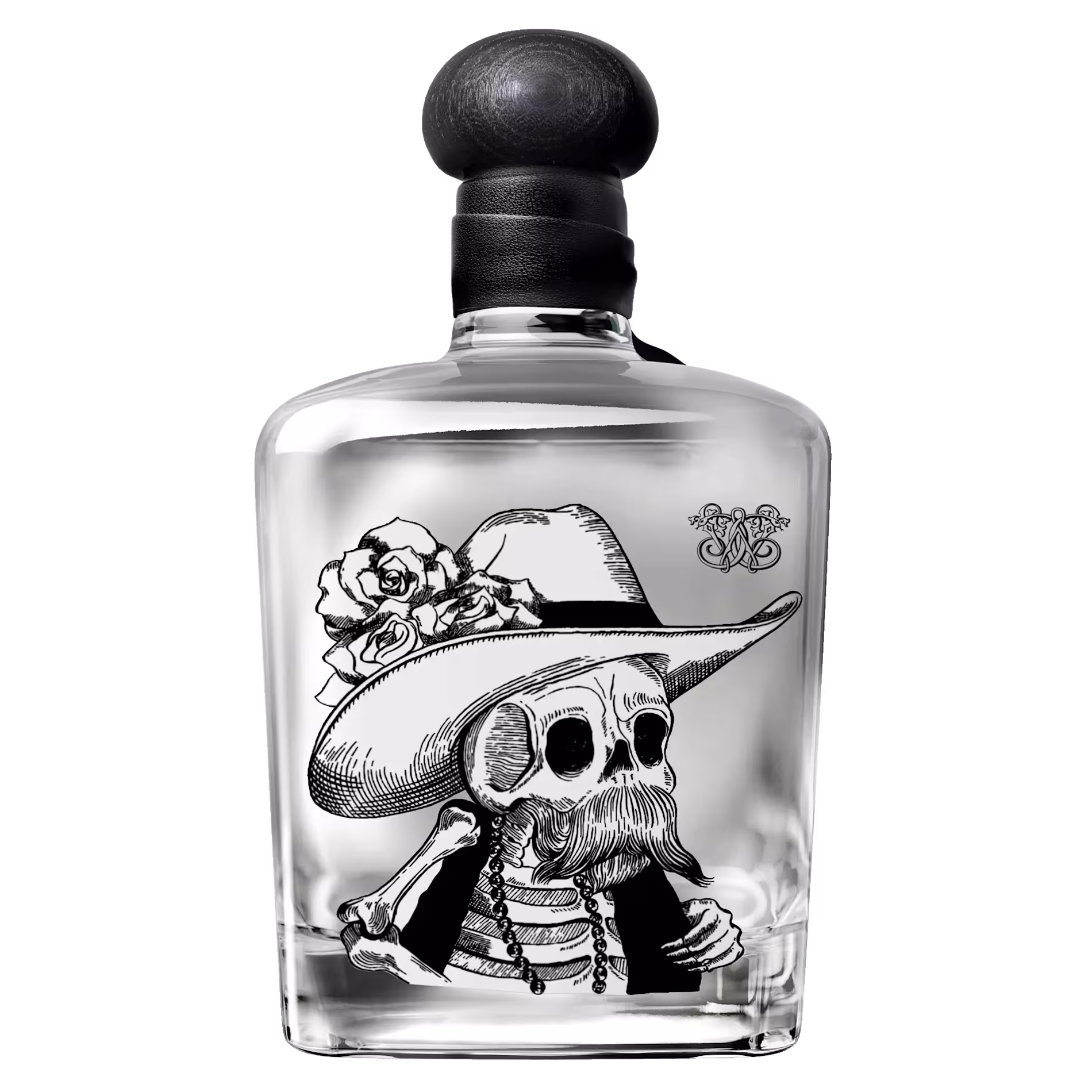 Clear glass bottle with a black cap, featuring an illustration of a skeleton with a mustache, hat, and flowers, set against a transparent background.