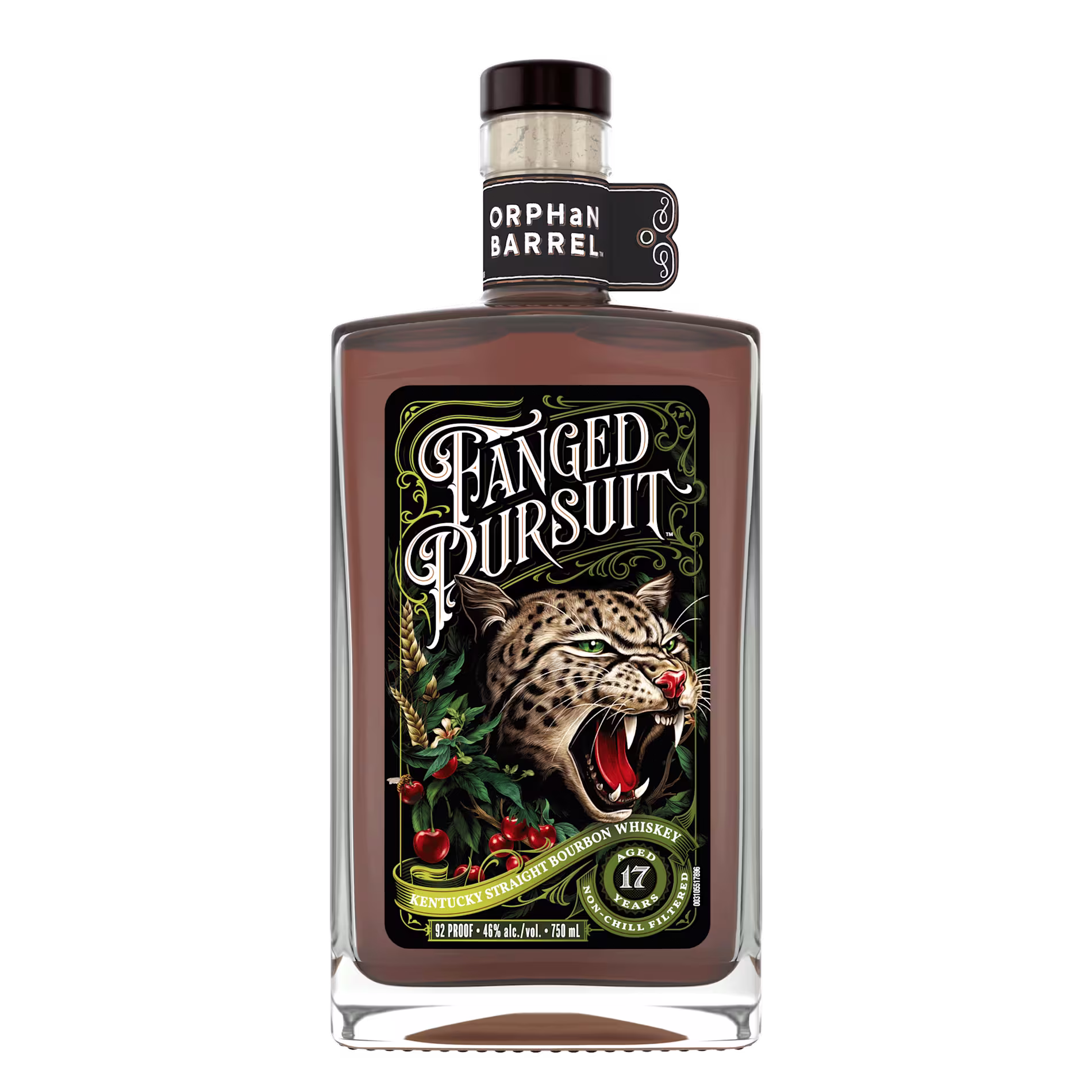 A bottle of Orphan Barrel Fanged Pursuit 17-year Kentucky straight bourbon whiskey, featuring a snarling wildcat illustration on the label with green accents and cherries.
