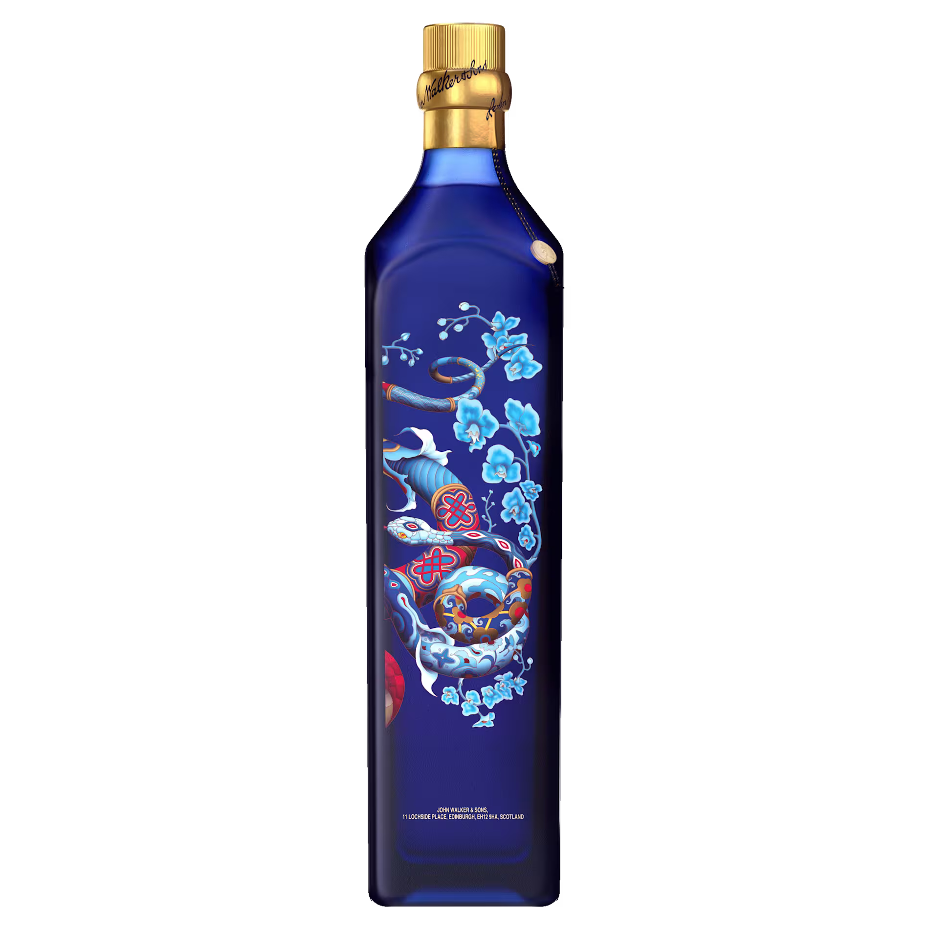 A tall blue bottle with a gold cap features intricate blue and red designs and Chinese characters along the front.