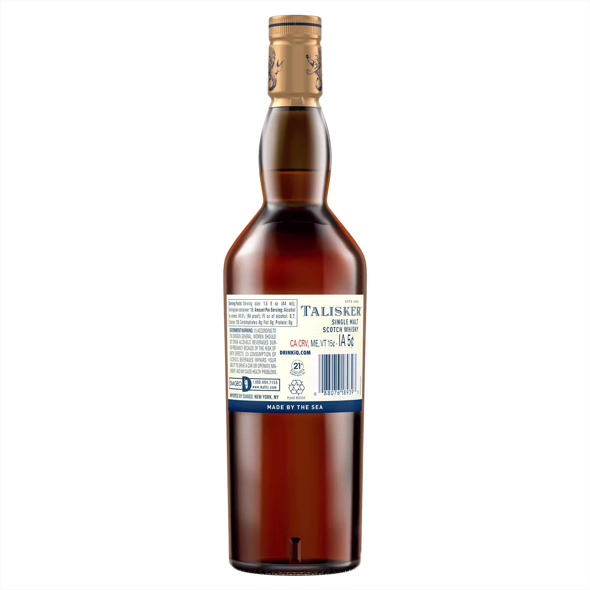 A bottle of Talisker Scotch whisky shown from the back, featuring the label with product details and a gold cap.