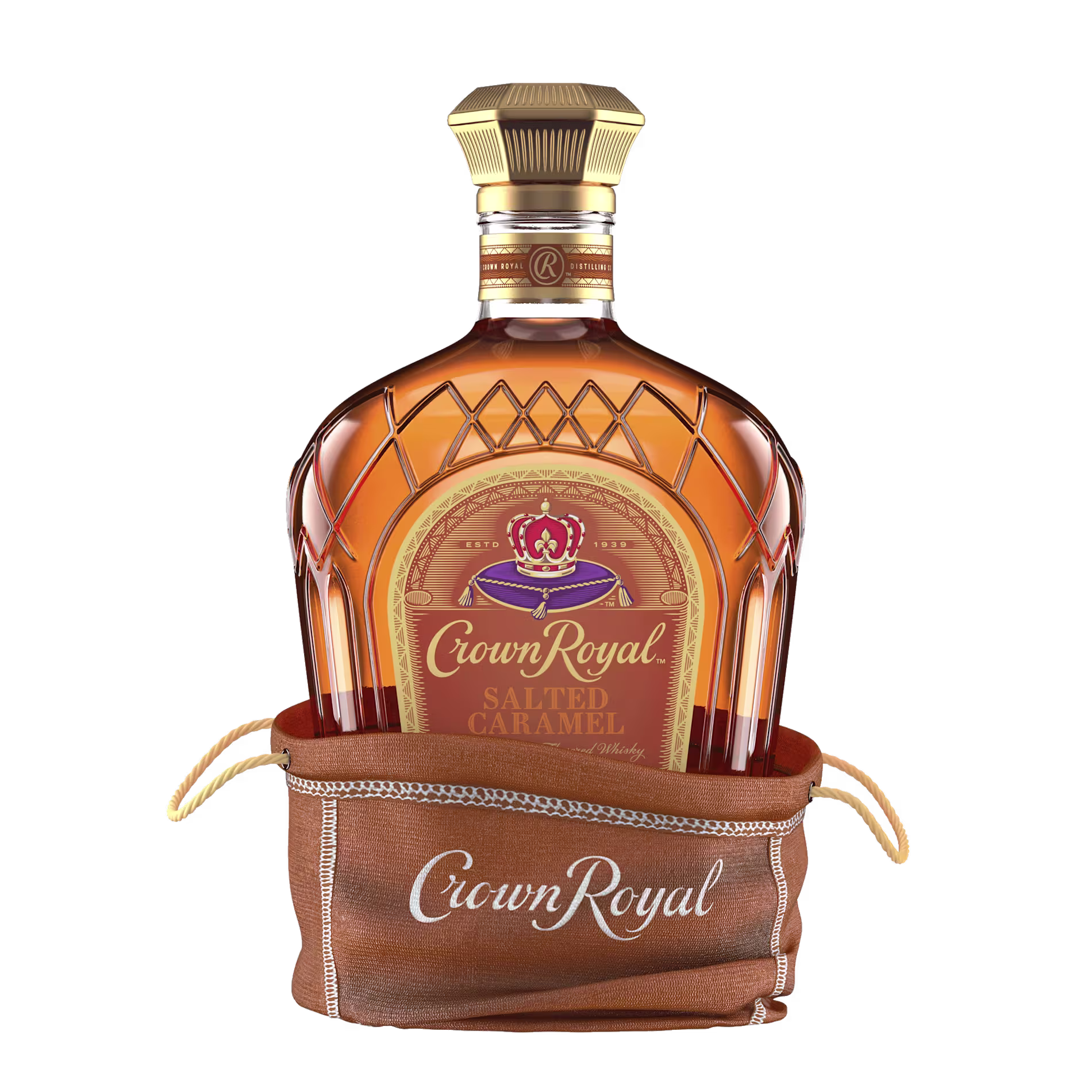 A bottle of Crown Royal Salted Caramel whisky in a brown Crown Royal drawstring bag against a white background.