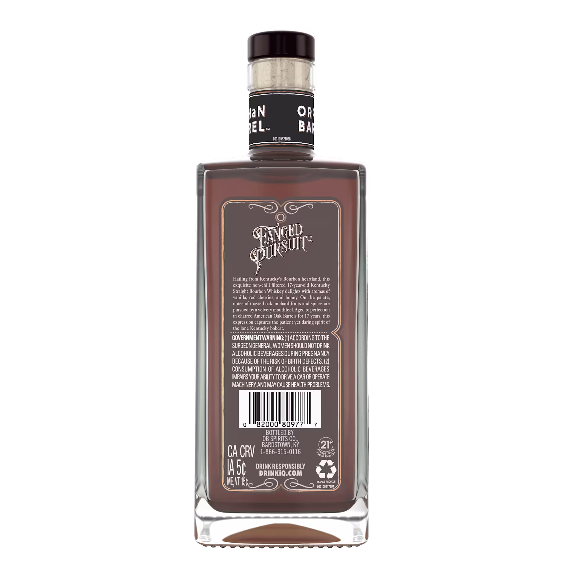 Back view of a Fanged Pursuit whiskey bottle showing its label with product description, government warning, barcode, recycling symbols, and CA CRV information.