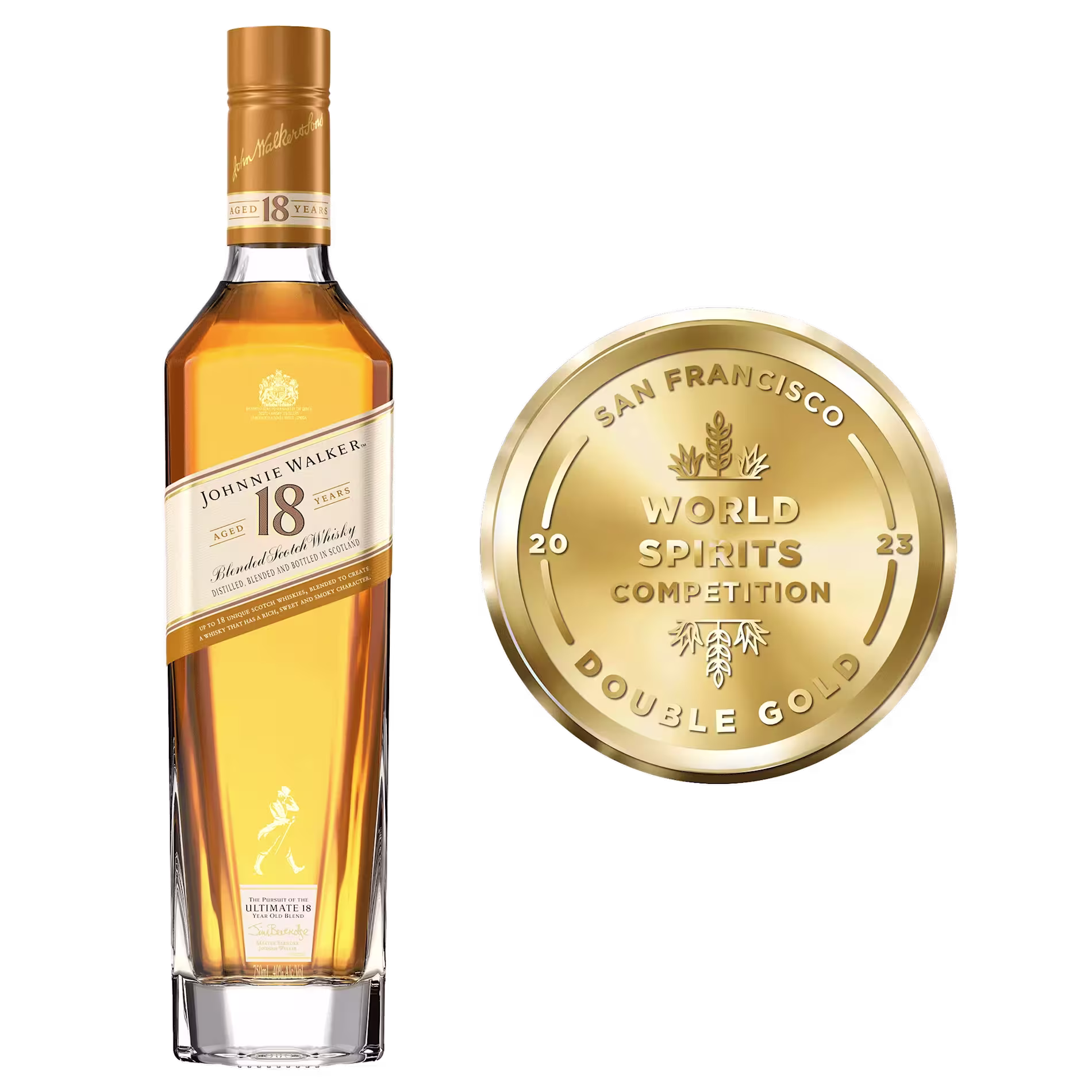 A bottle of Johnnie Walker 18 Year Old Scotch Whisky next to a 2023 San Francisco World Spirits Competition Double Gold medal.