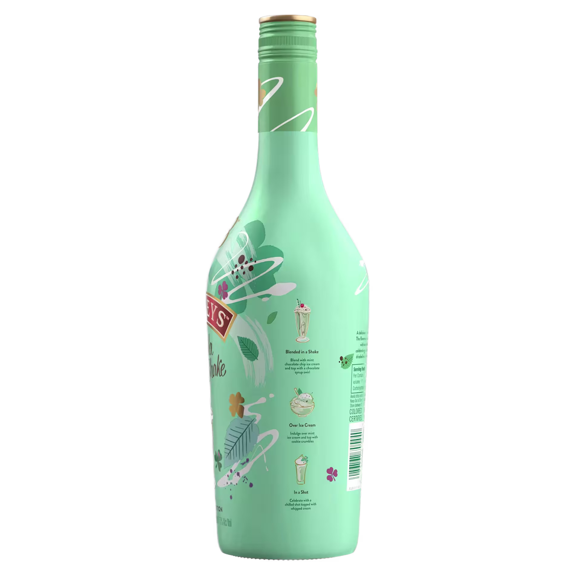 A mint green bottle of Baileys Irish Cream showing cocktail recipe illustrations and instructions on the side.
