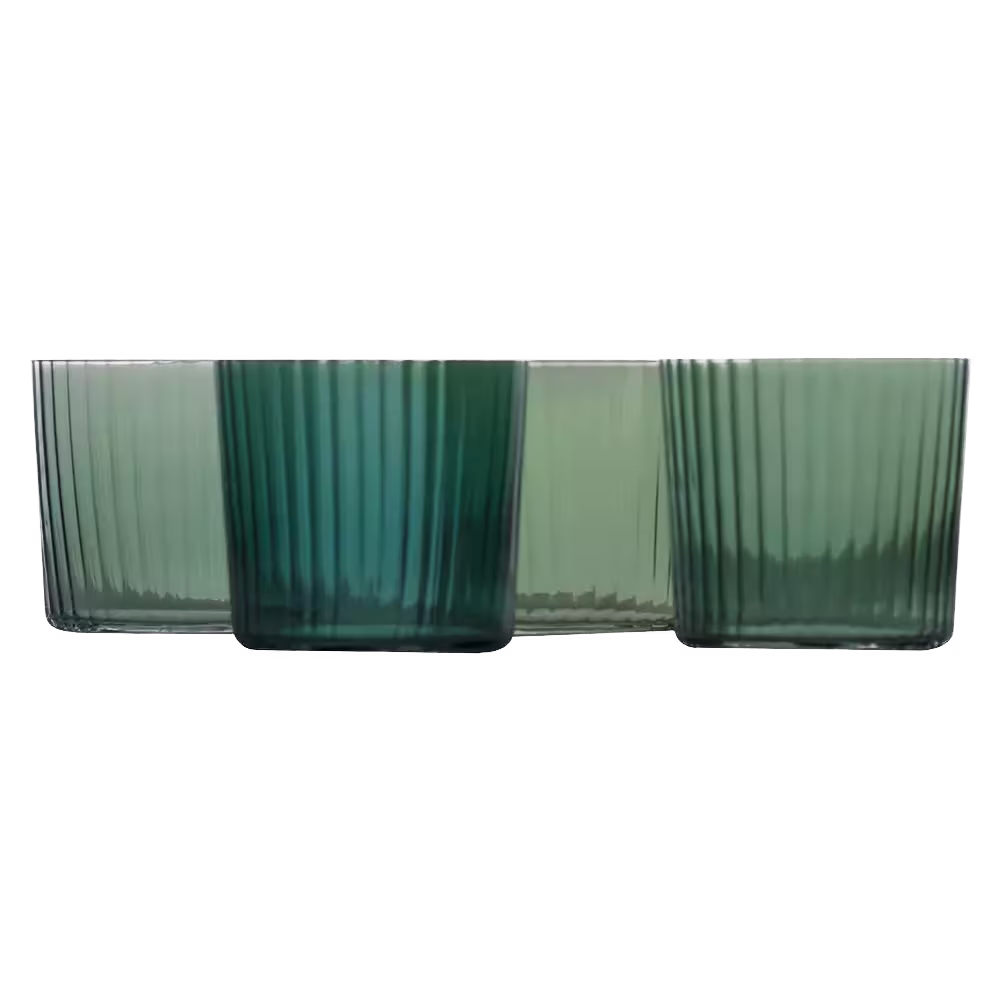 Four ribbed glass tumblers in varying shades of green are arranged side by side against a plain background.