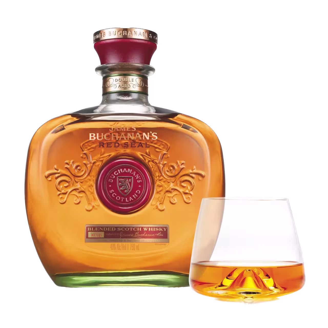 A bottle of Buchanans Red Seal blended Scotch whisky next to a glass filled with whisky, both on a plain background.