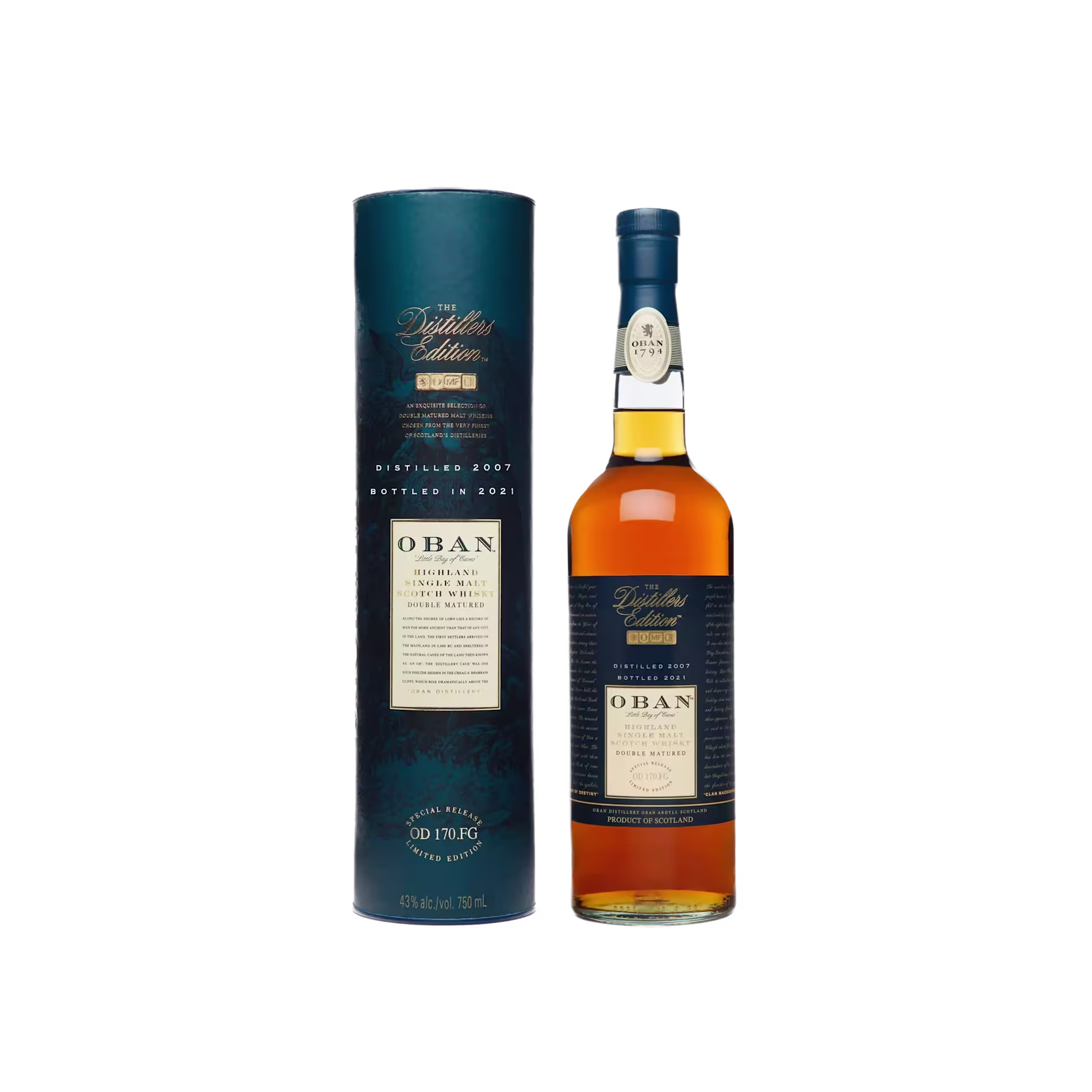 A bottle of Oban single malt Scotch whisky stands next to its cylindrical dark blue box packaging, both featuring cream and blue labels with gold accents.