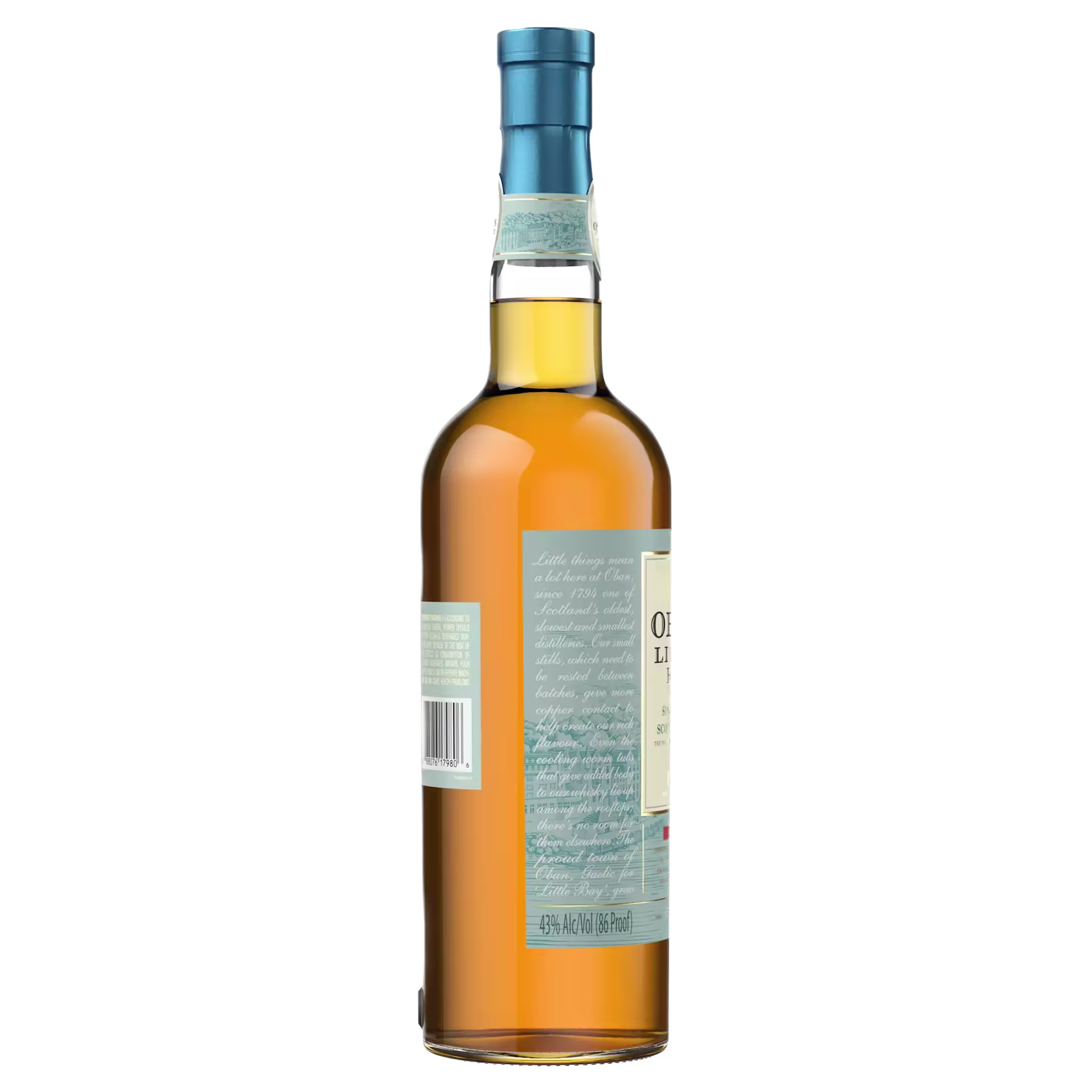 A bottle of whisky with a blue cap, back label text visible, and barcode, shown against a plain black background.
