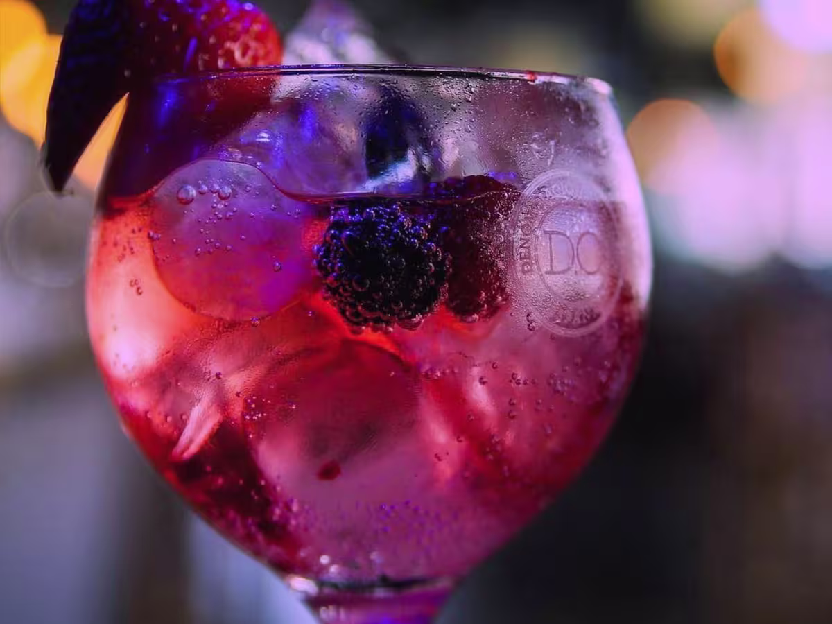 Denominación de Origen, donde el brillo de las frutas y el hielo en copa se mezclan con destellos violetas para una experiencia refrescante y vibrante.
