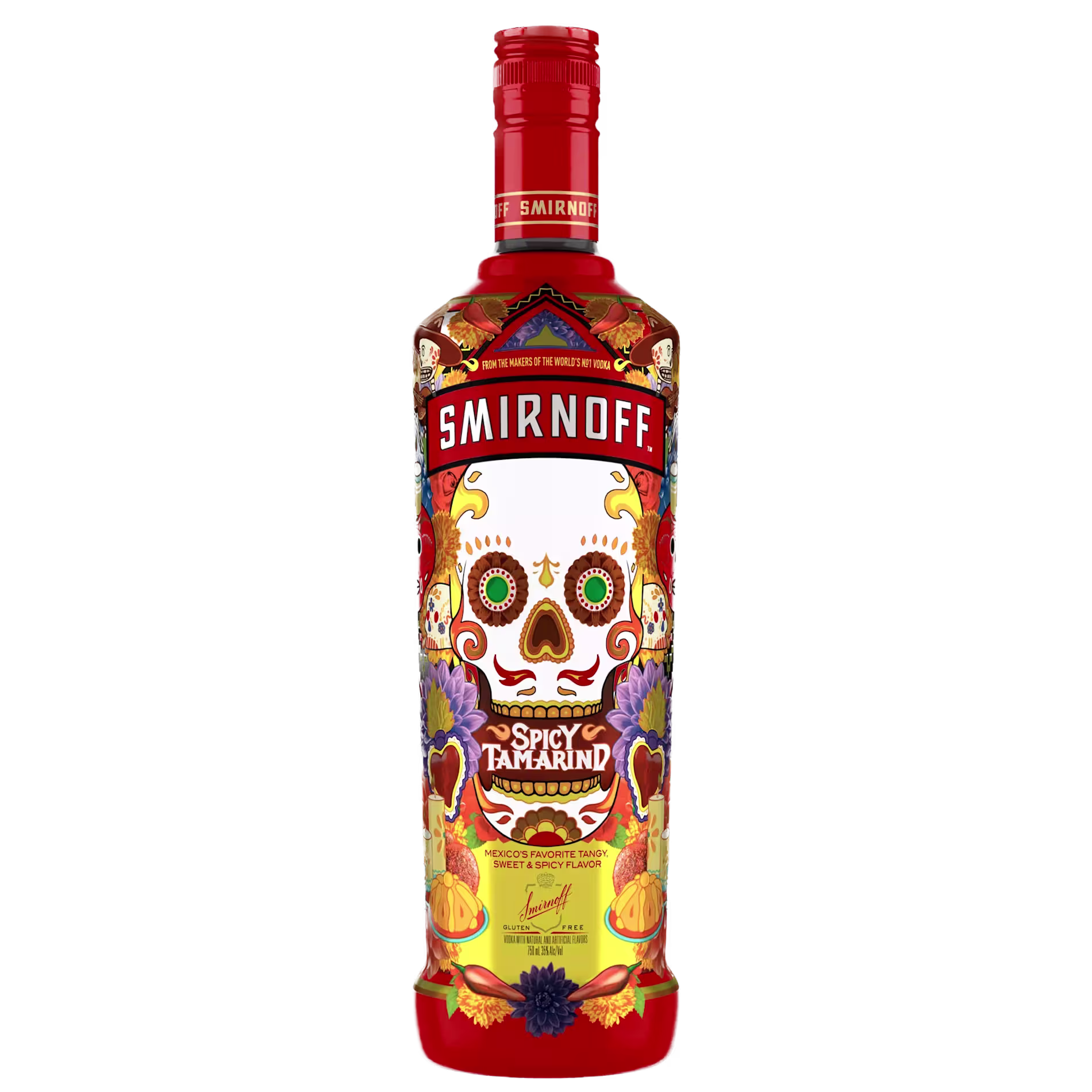 A bottle of Smirnoff Spicy Tamarind vodka featuring a colorful Day of the Dead skull design and fruit illustrations on a red background.