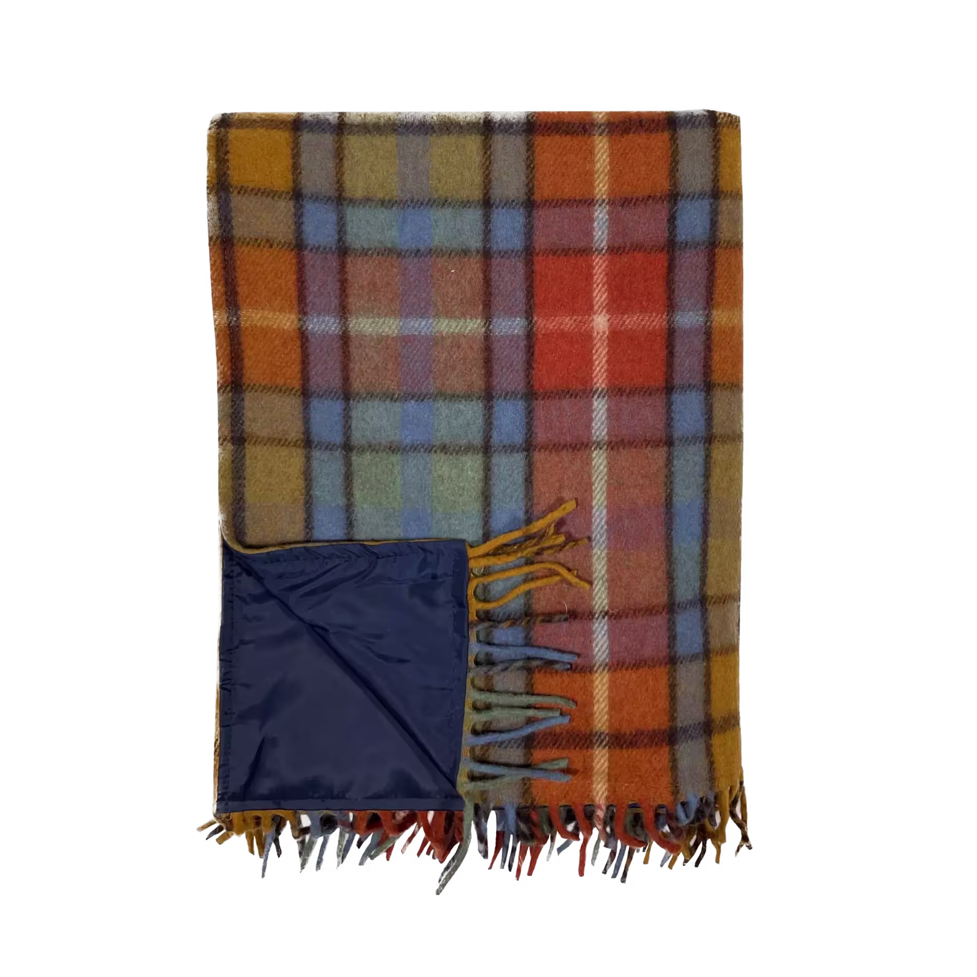 A rectangular plaid wool blanket with orange, blue, yellow, and brown checks, featuring fringe on the edges and a navy blue corner lining.