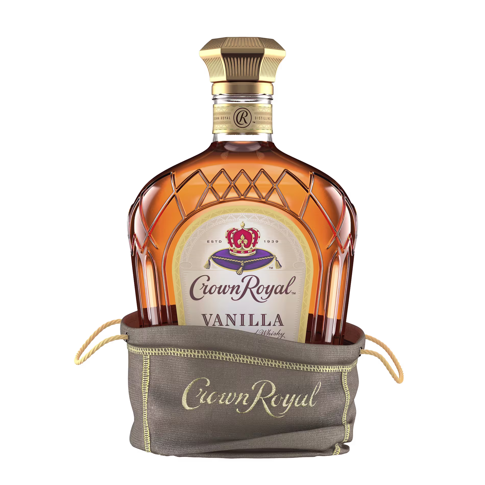 A bottle of Crown Royal Vanilla whisky in a tan fabric pouch with Crown Royal embroidered in gold.