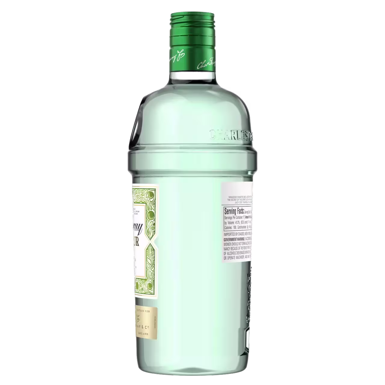 A light green Bombay Sapphire gin bottle shown from the back, displaying a green cap and partially visible product label.
