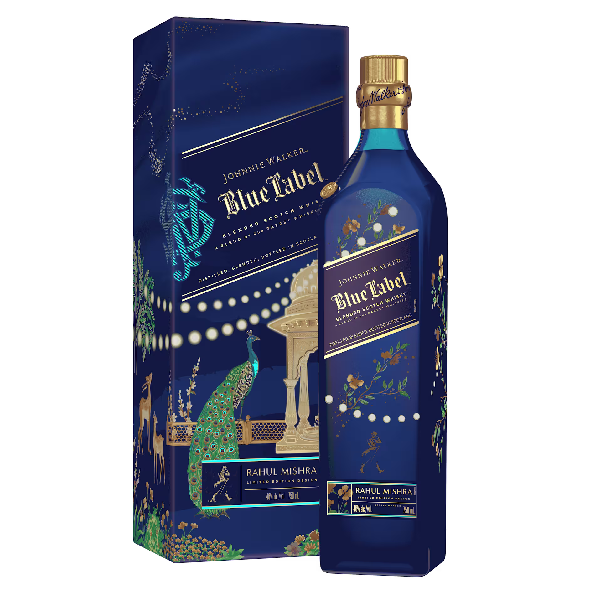 A limited edition Johnnie Walker Blue Label bottle and box featuring blue and gold designs with peacocks, flowers, and the name Rahul Mishra on the label.