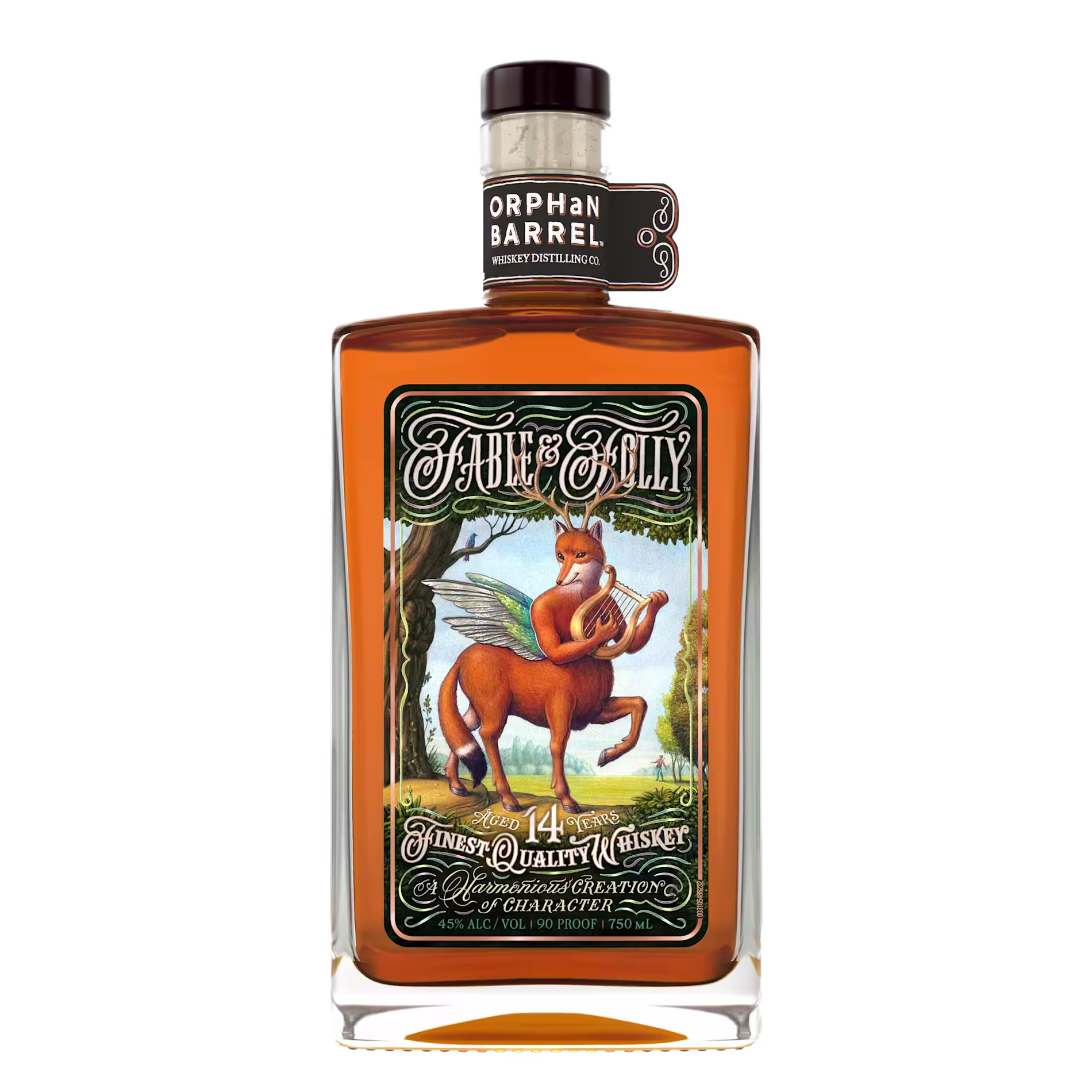 A bottle of Orphan Barrel whiskey with a label reading Fable & Folly, featuring an illustration of a centaur playing a violin.