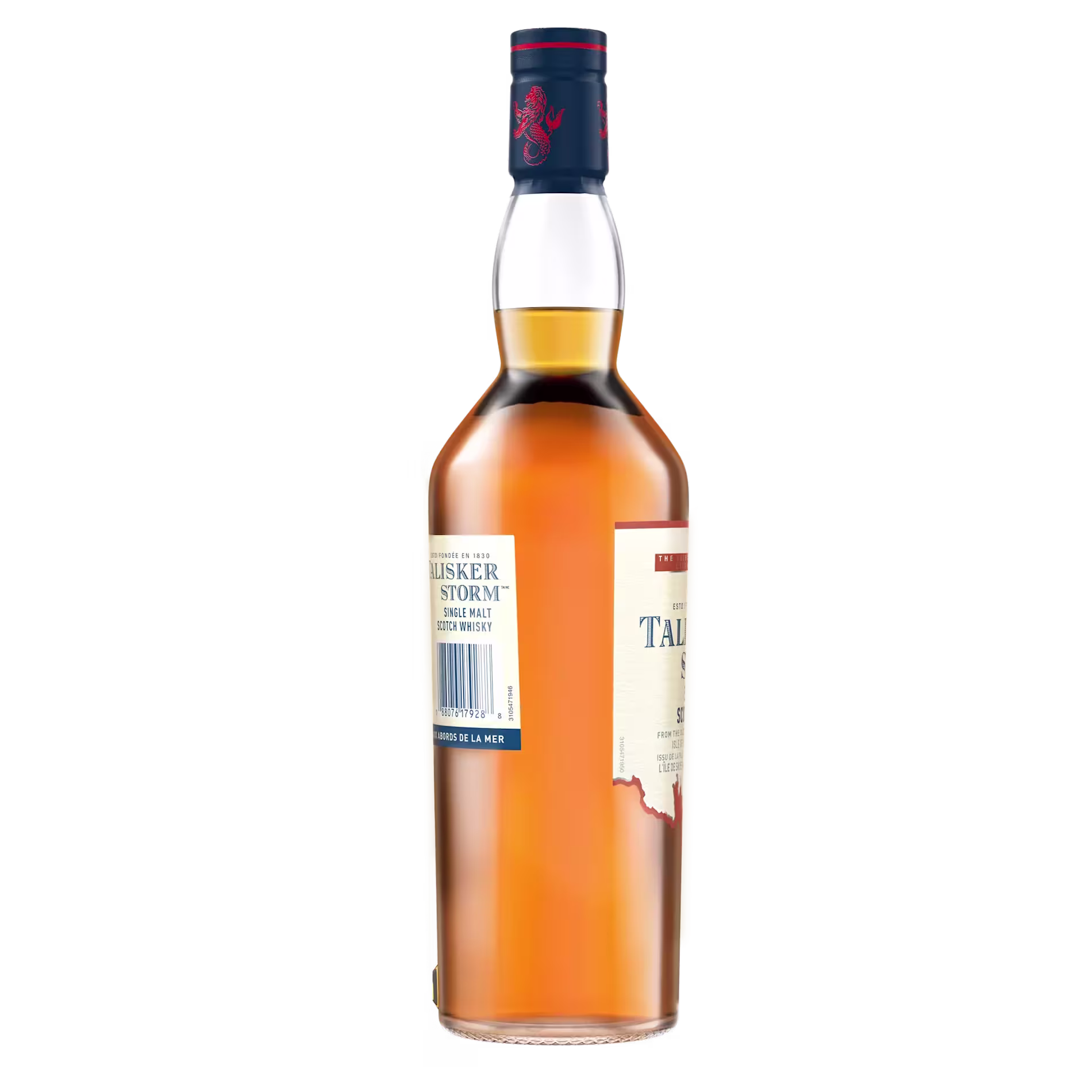 A bottle of Talisker Storm single malt Scotch whisky, shown from an angle with part of the front and side label visible.