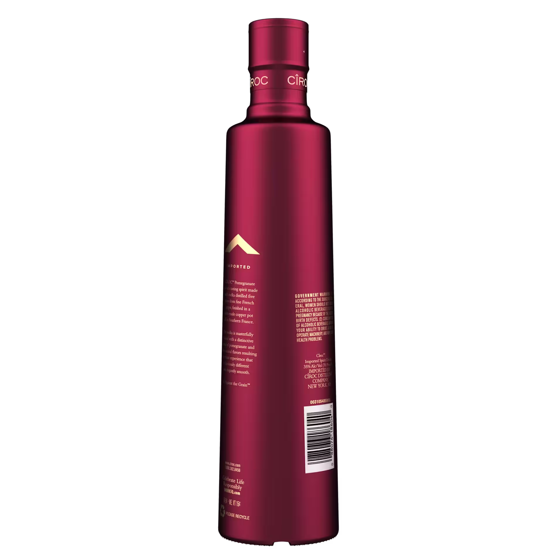 A tall, matte red bottle with a barcode and gold text on the back label, shown against a black background.