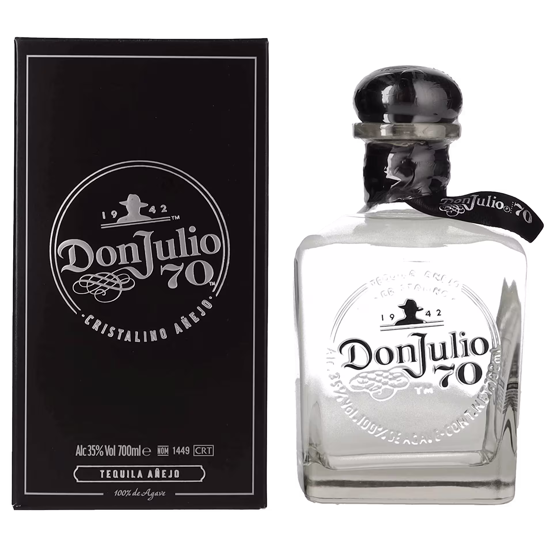 A bottle of Don Julio 70 Cristalino Añejo Tequila stands next to its black box packaging, both featuring white logos and text.