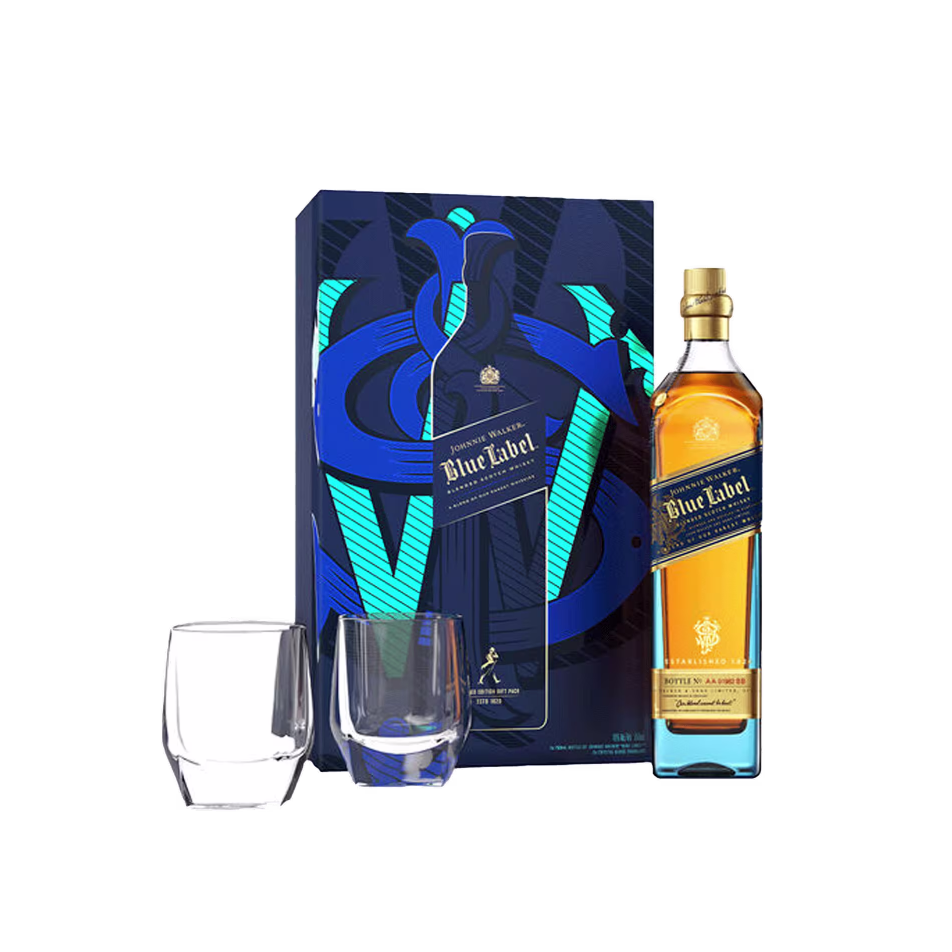 A bottle of Johnnie Walker Blue Label whisky with its box and two empty glass tumblers displayed beside it.