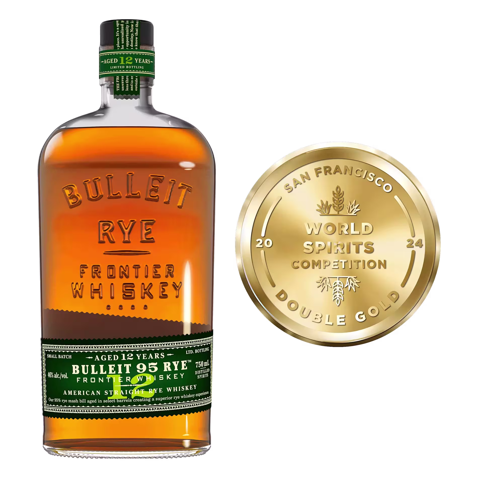 A bottle of Bulleit Rye Frontier Whiskey aged 12 years is shown next to a 2024 San Francisco World Spirits Competition Double Gold medal.