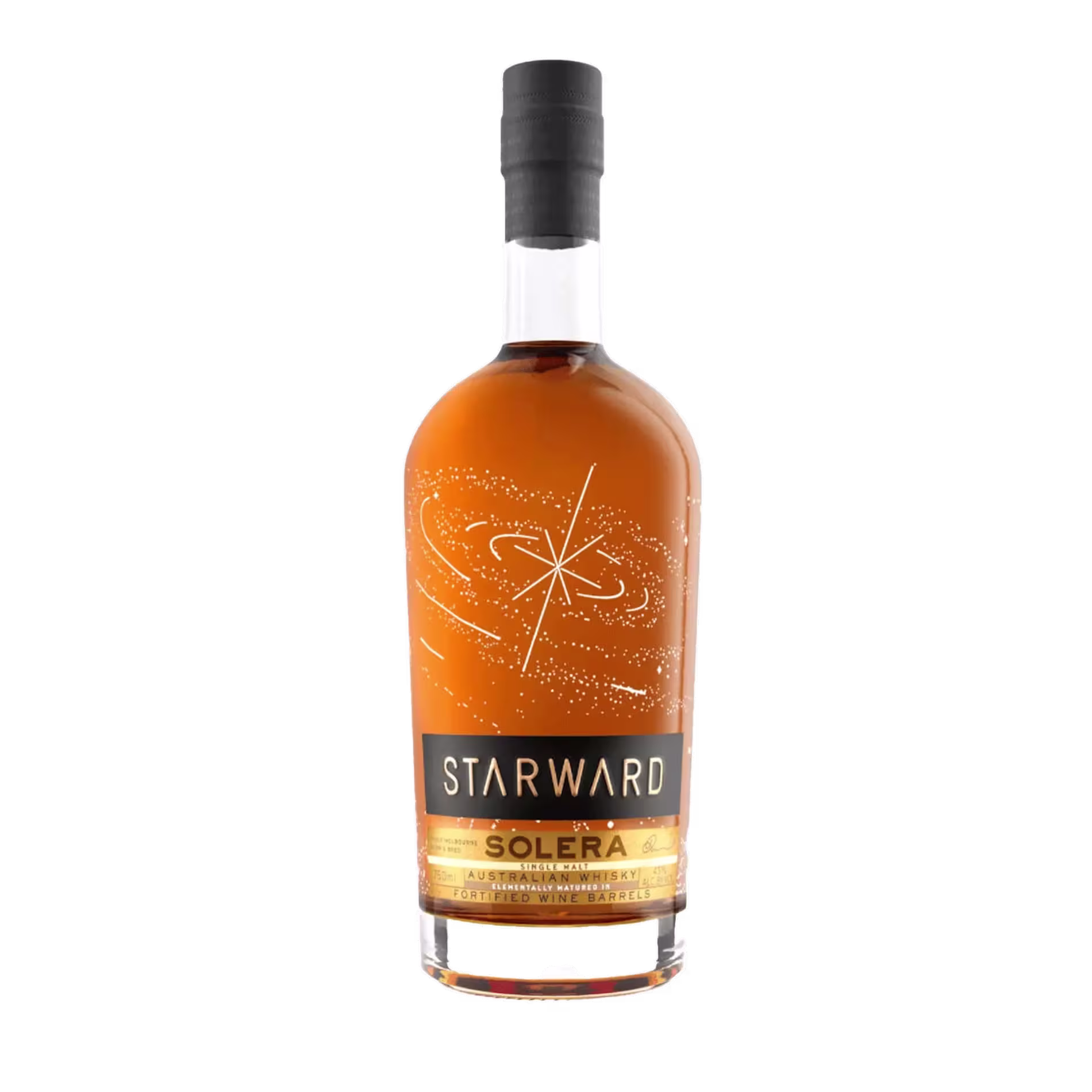 A bottle of Starward Solera Australian whisky with an amber liquid, black cap, and gold label featuring constellation graphics.