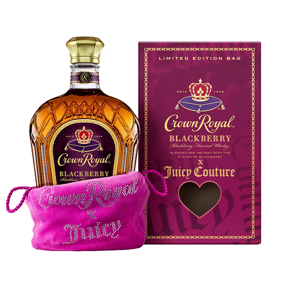 A bottle of Crown Royal Blackberry X Juicy Couture with bag and carton