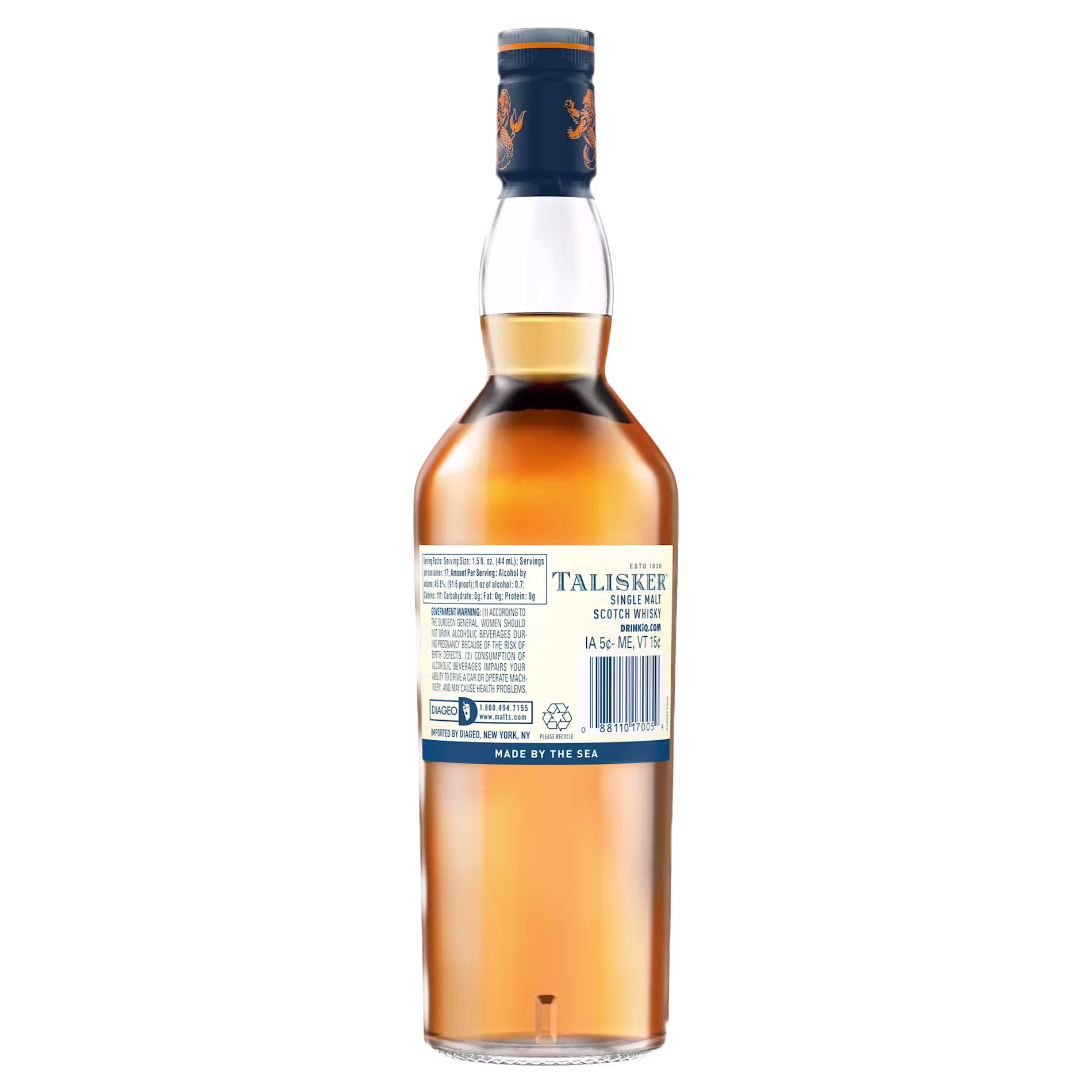 A bottle of Talisker Single Malt Scotch Whisky shown from the back, displaying the label with product information and a blue cap.