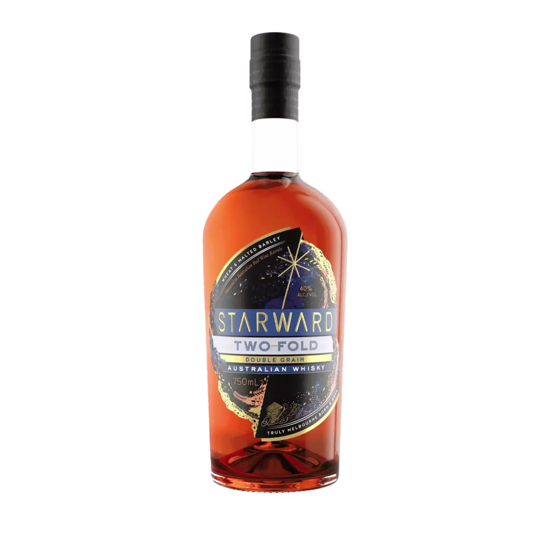 A bottle of Starward Two Fold Double Grain Australian Whisky with a dark label featuring gold and blue accents, shown on a black background.