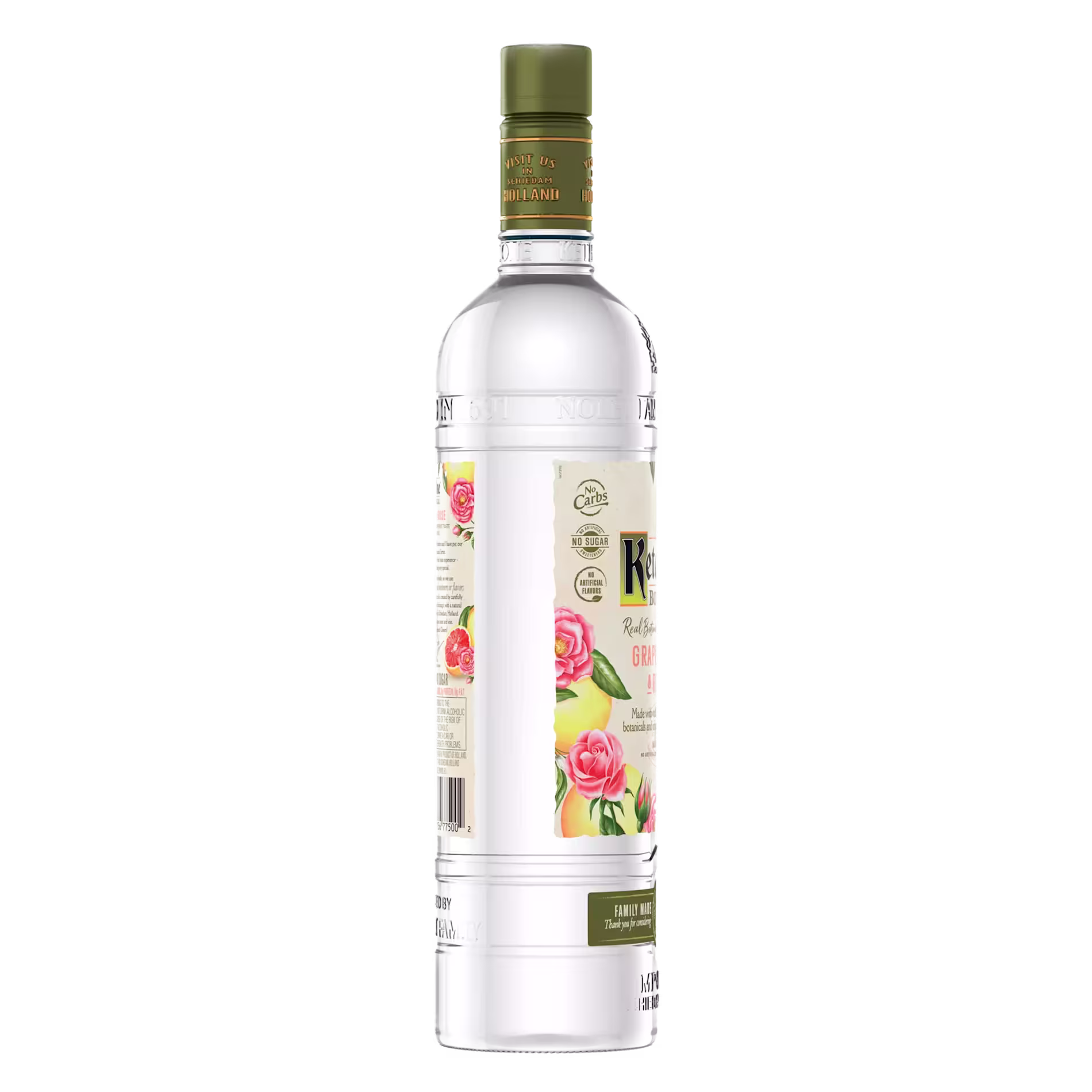A clear glass bottle of Ketel One Botanical Grapefruit & Rose vodka with a floral and fruit design label, shown against a plain background.