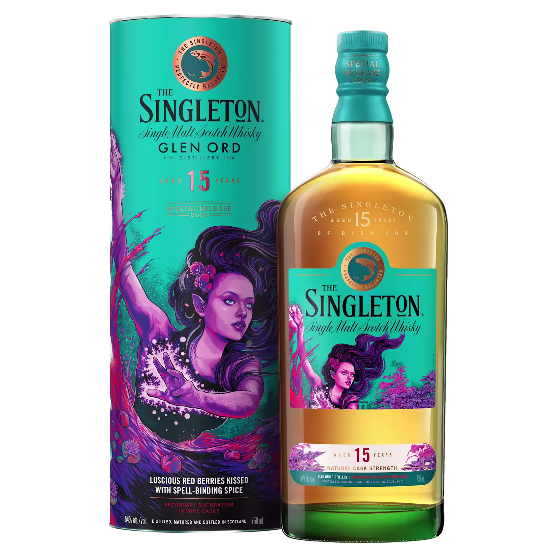 A bottle of The Singleton Glen Ord 15-year-old single malt whisky next to its cylindrical teal and purple packaging featuring an illustrated woman with flowing hair.