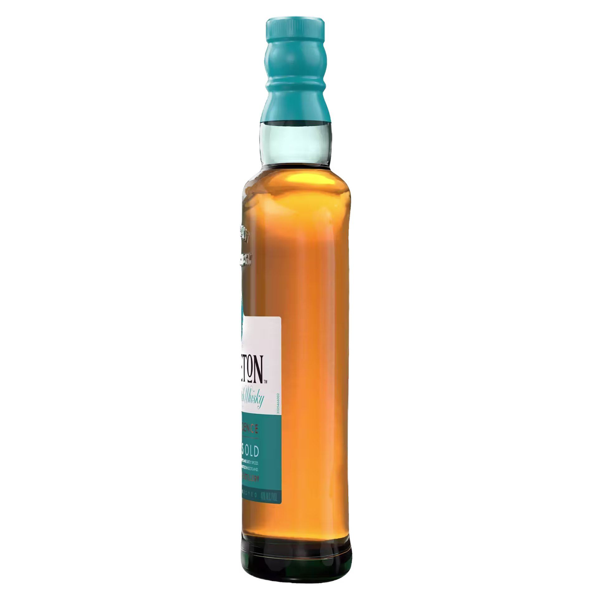 A clear glass bottle filled with amber liquid, featuring a blue cap and partial blue and white label, set against a black background.
